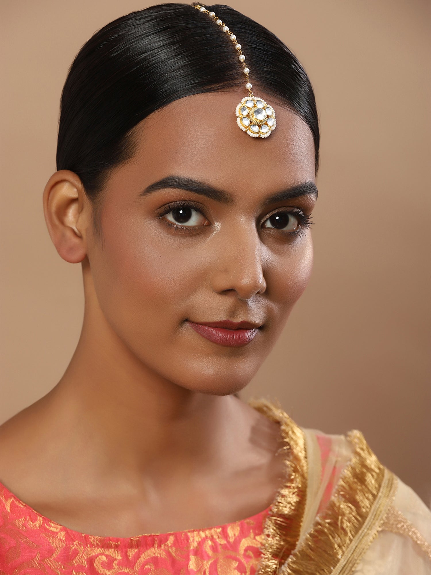 Gold-Polished white Maang Tikka - Ruby Raang | Swadesiicart