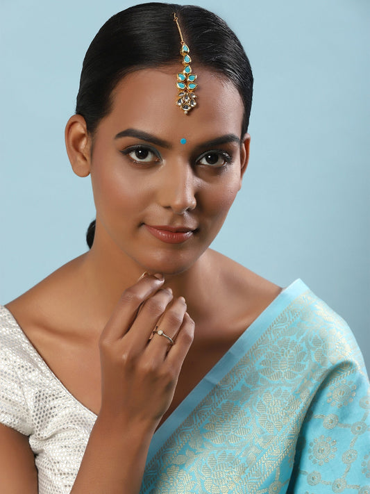 Gold-Polished Turquoise Blue Kundan-Studded Maang Tikka - Ruby Raang | Swadesiicart