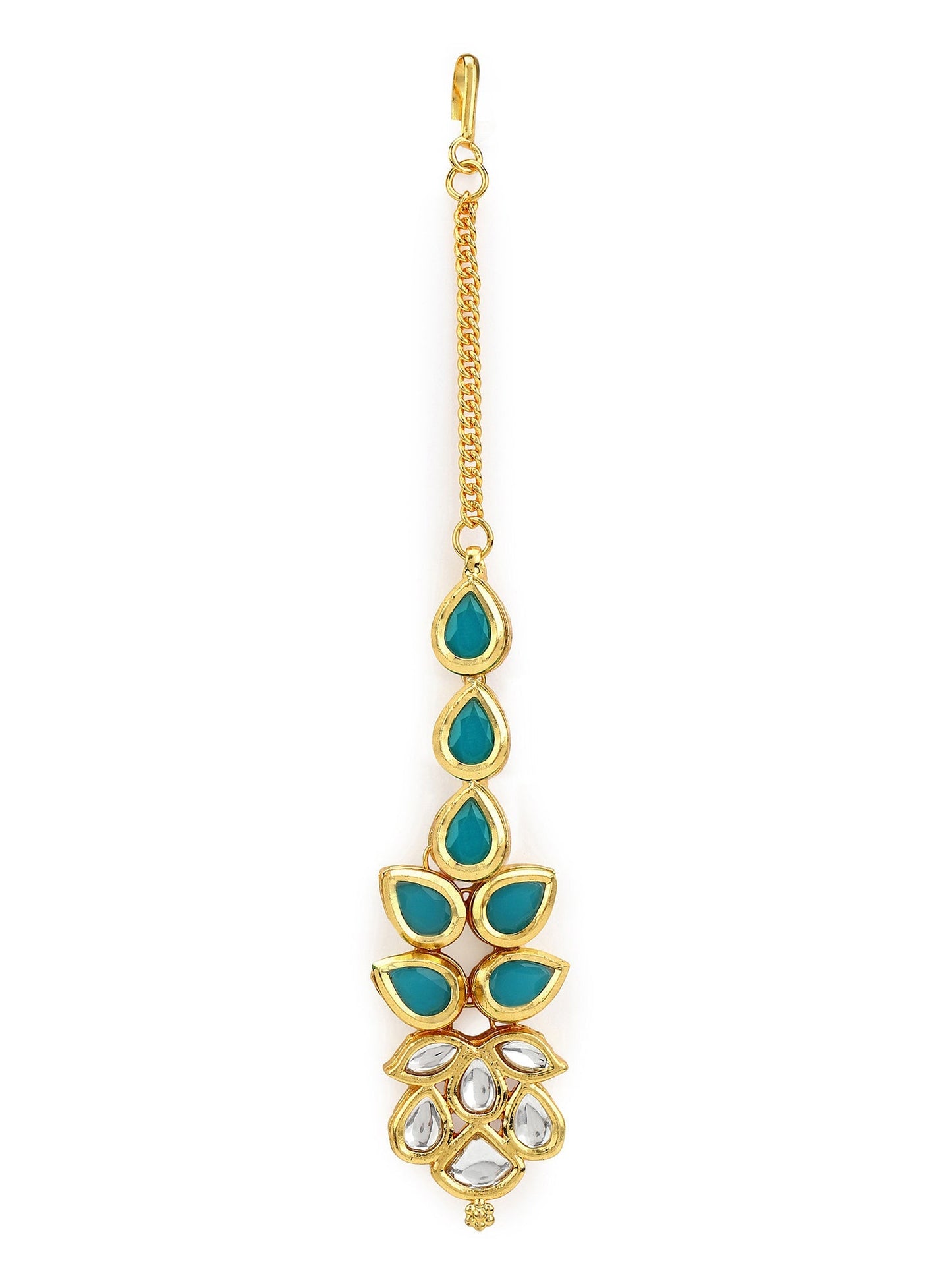 Gold-Polished Turquoise Blue Kundan-Studded Maang Tikka - Ruby Raang | Swadesiicart