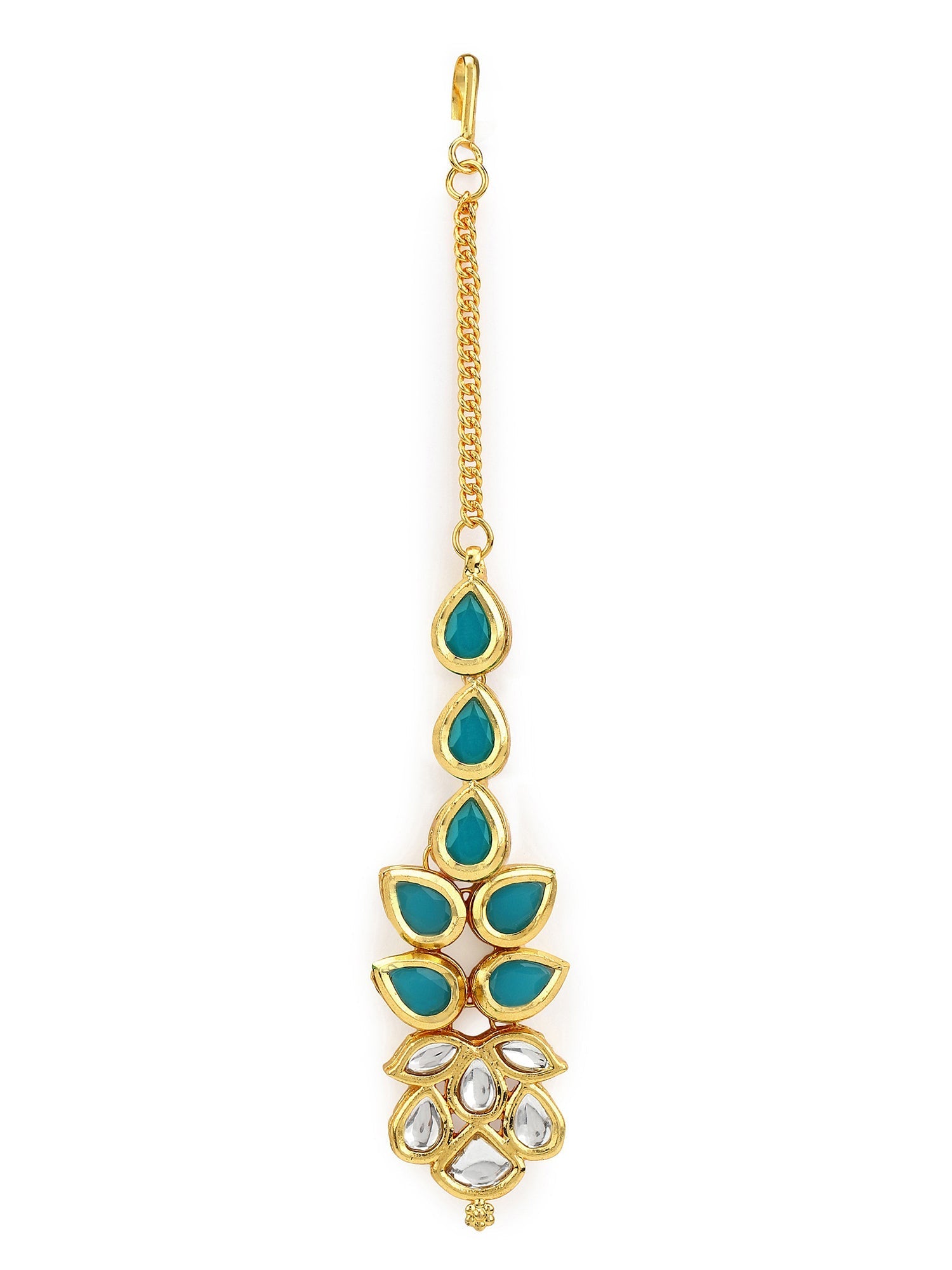 Gold-Polished Turquoise Blue Kundan-Studded Maang Tikka - Ruby Raang | Swadesiicart