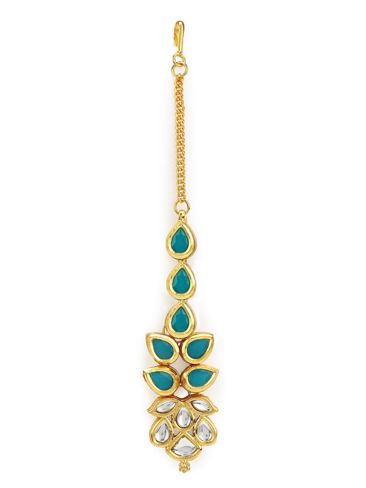 Gold-Polished Turquoise Blue Kundan-Studded Maang Tikka - Ruby Raang | Swadesiicart