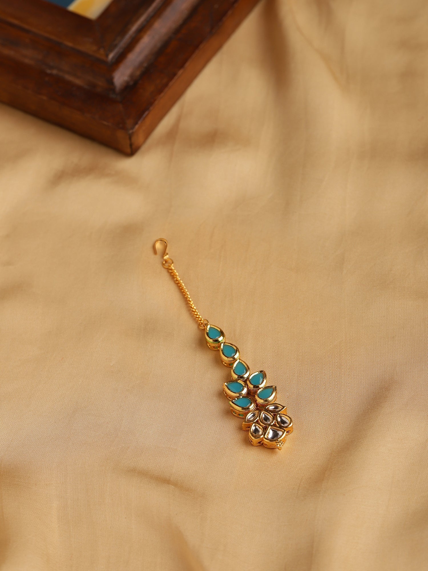 Gold-Polished Turquoise Blue Kundan-Studded Maang Tikka - Ruby Raang | Swadesiicart