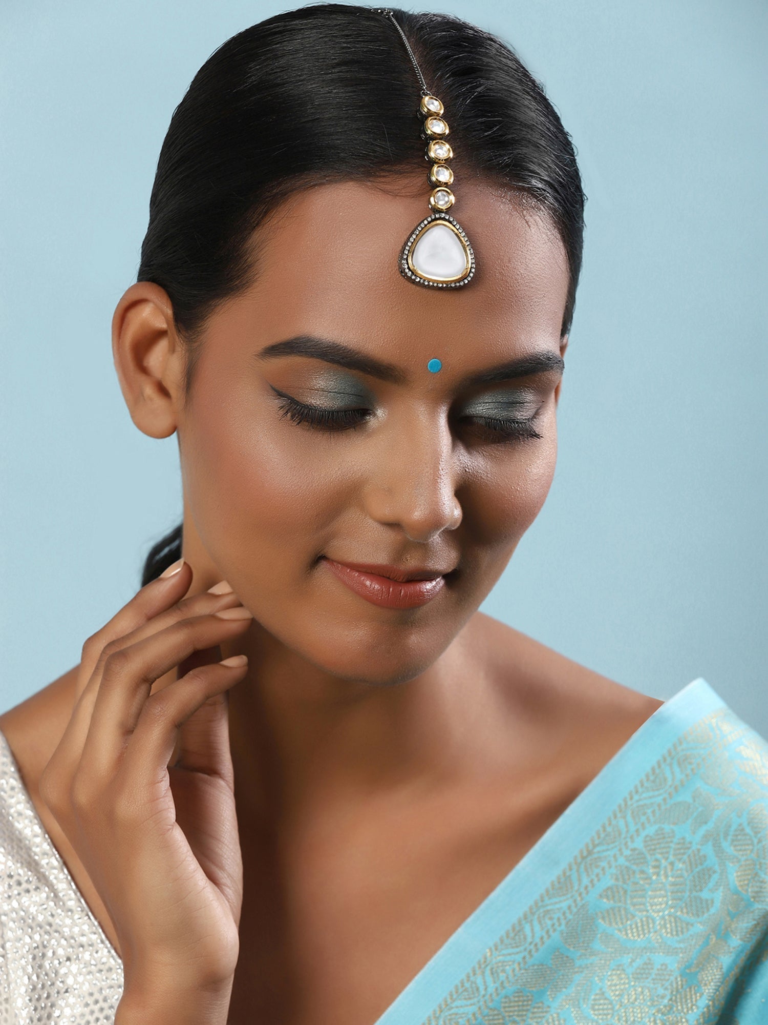 Silver-Plated Kundan Maang Tikka - Ruby Raang | Swadesiicart