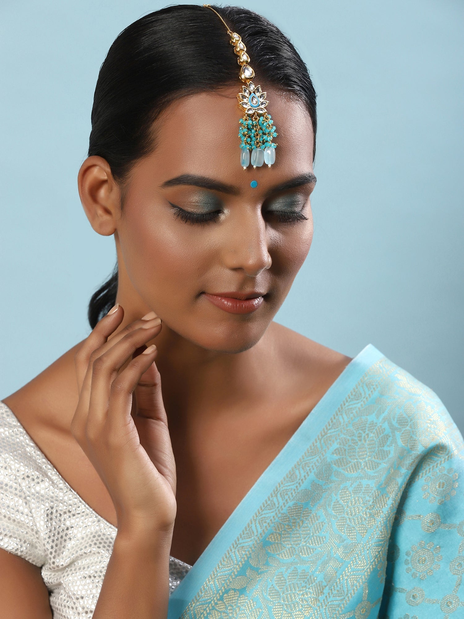 Women's Turquoise Bluegold Kundan Head Jewellery - Ruby Raang | Swadesiicart