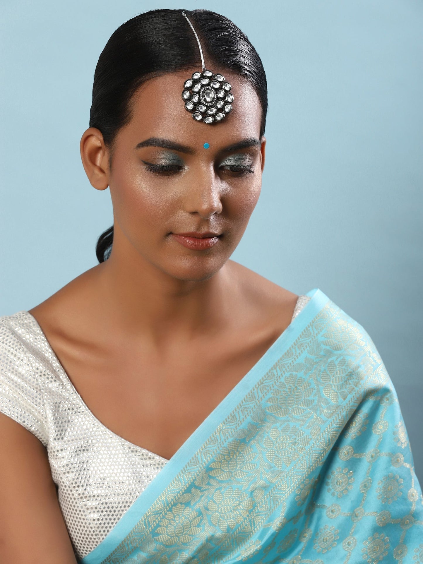 Silver-Plated White Kundan-Studded Maang Tikka - Ruby Raang | Swadesiicart