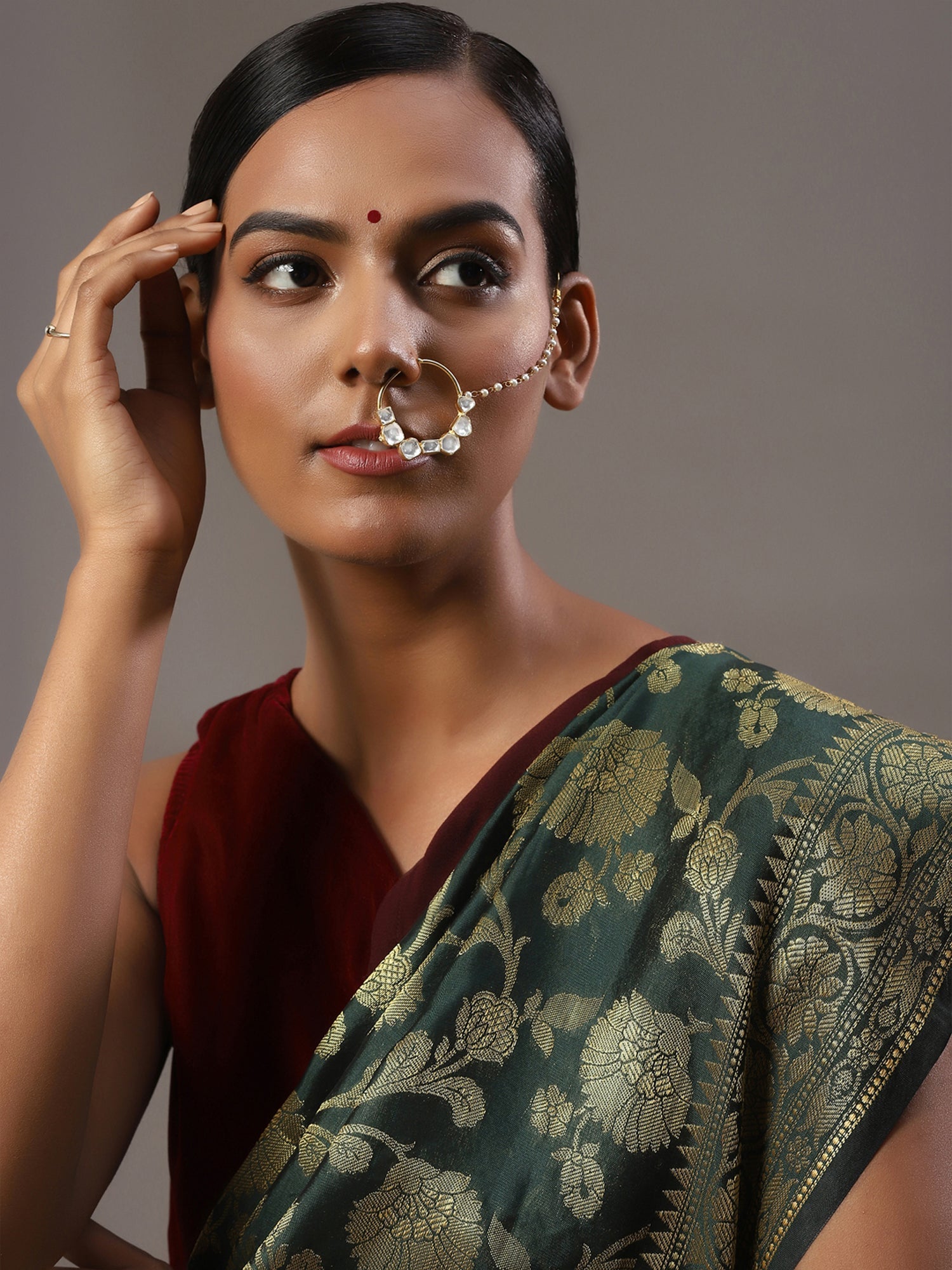 Gold-Polished White Kundan-Studded Nose Ring With Chain - Ruby Raang | Swadesiicart