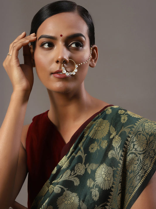 Gold-Polished White Kundan-Studded Nose Ring With Chain - Ruby Raang | Swadesiicart