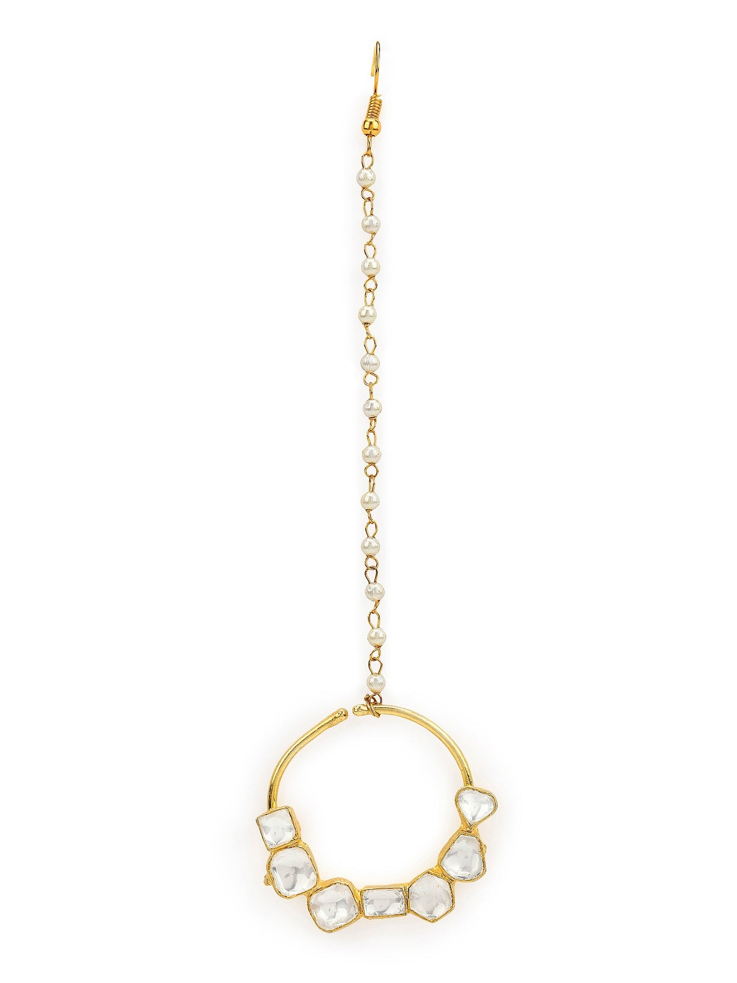 Gold-Polished White Kundan-Studded Nose Ring With Chain - Ruby Raang | Swadesiicart