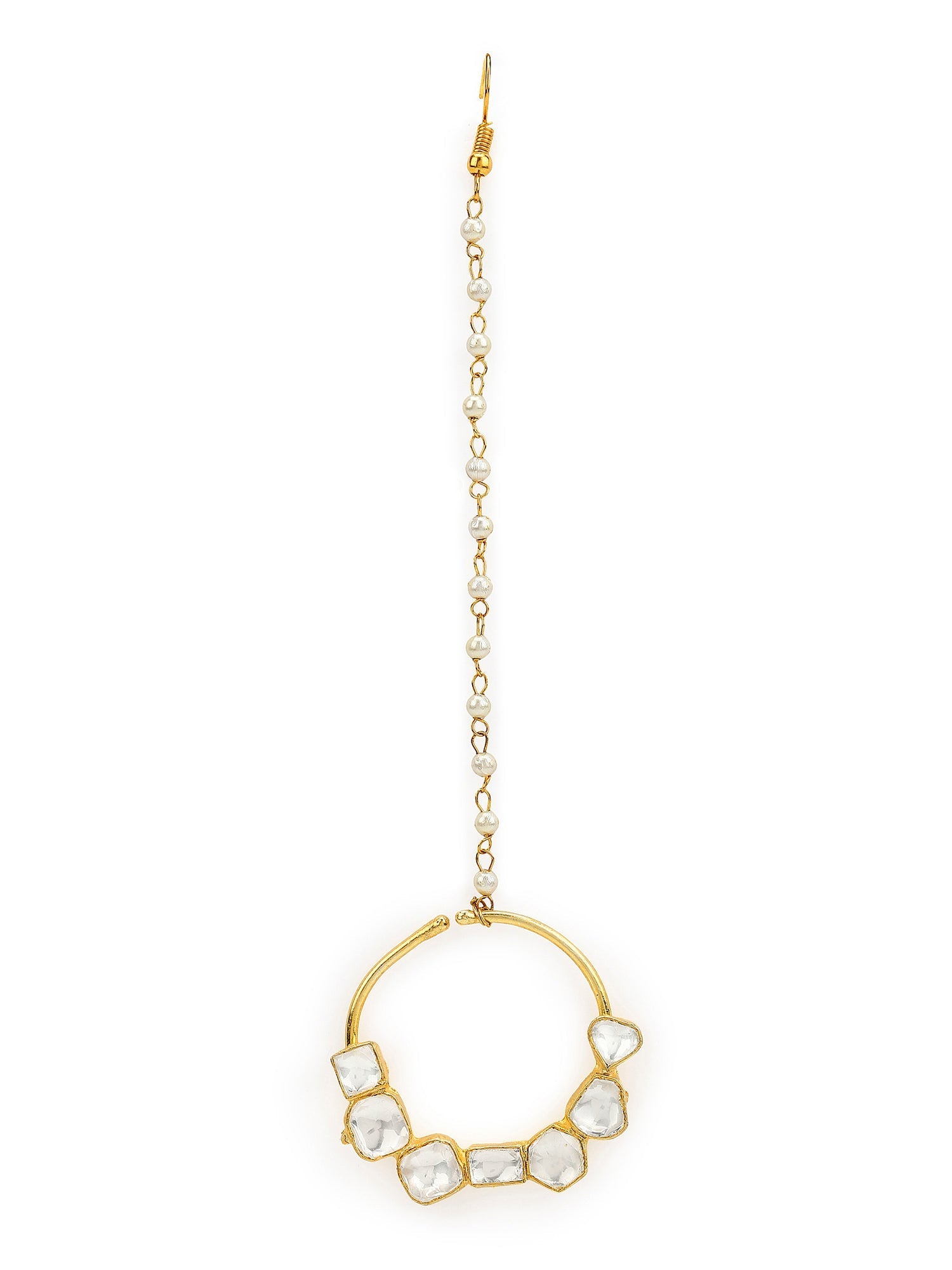 Gold-Polished White Kundan-Studded Nose Ring With Chain - Ruby Raang | Swadesiicart