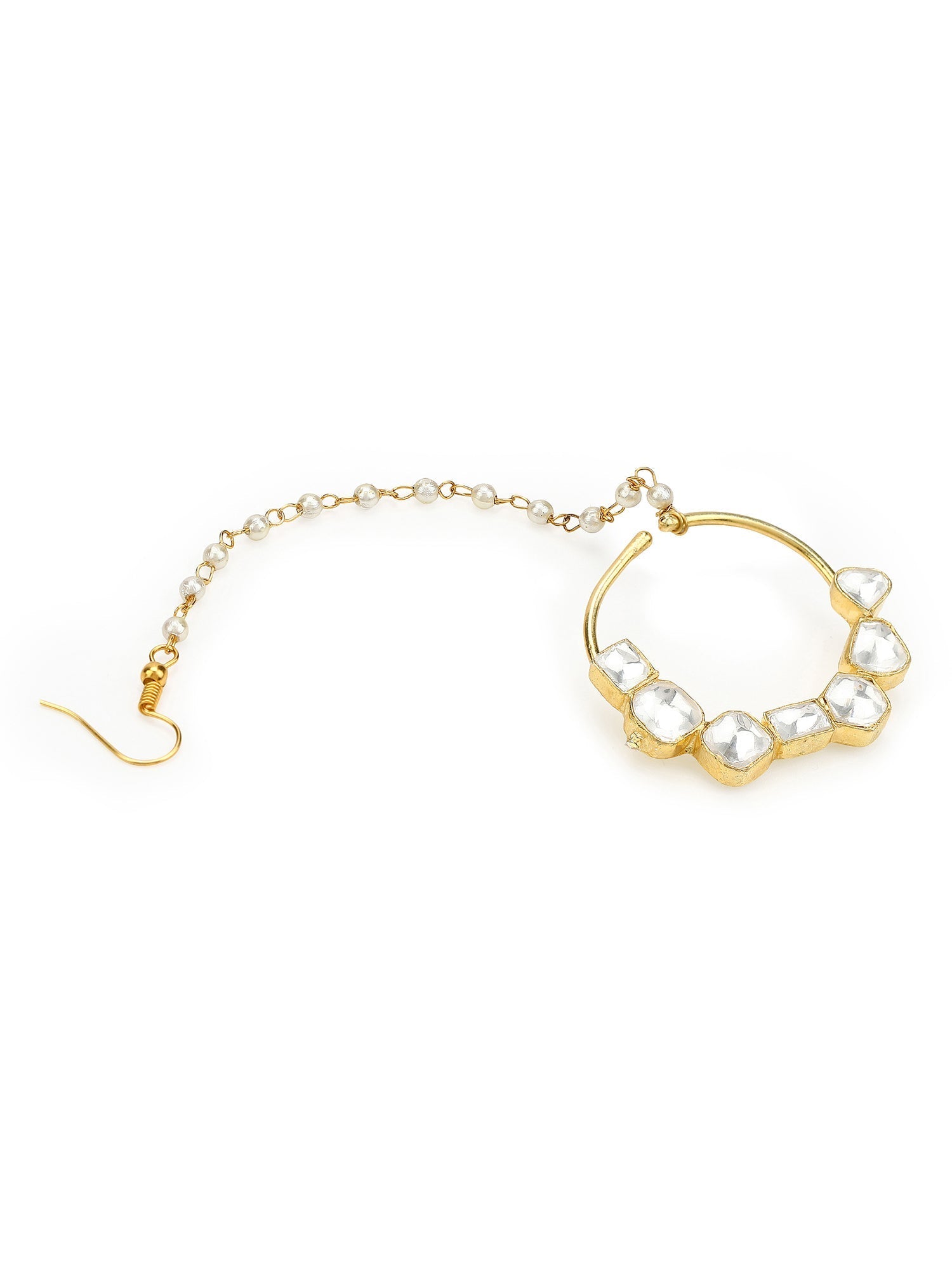 Gold-Polished White Kundan-Studded Nose Ring With Chain - Ruby Raang | Swadesiicart