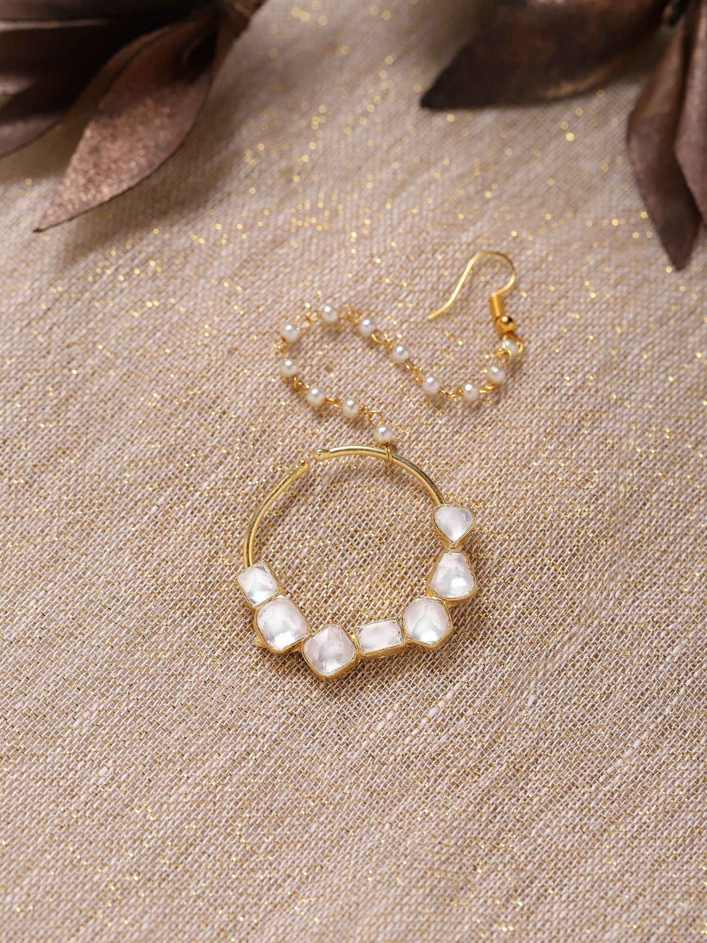 Gold-Polished White Kundan-Studded Nose Ring With Chain - Ruby Raang | Swadesiicart