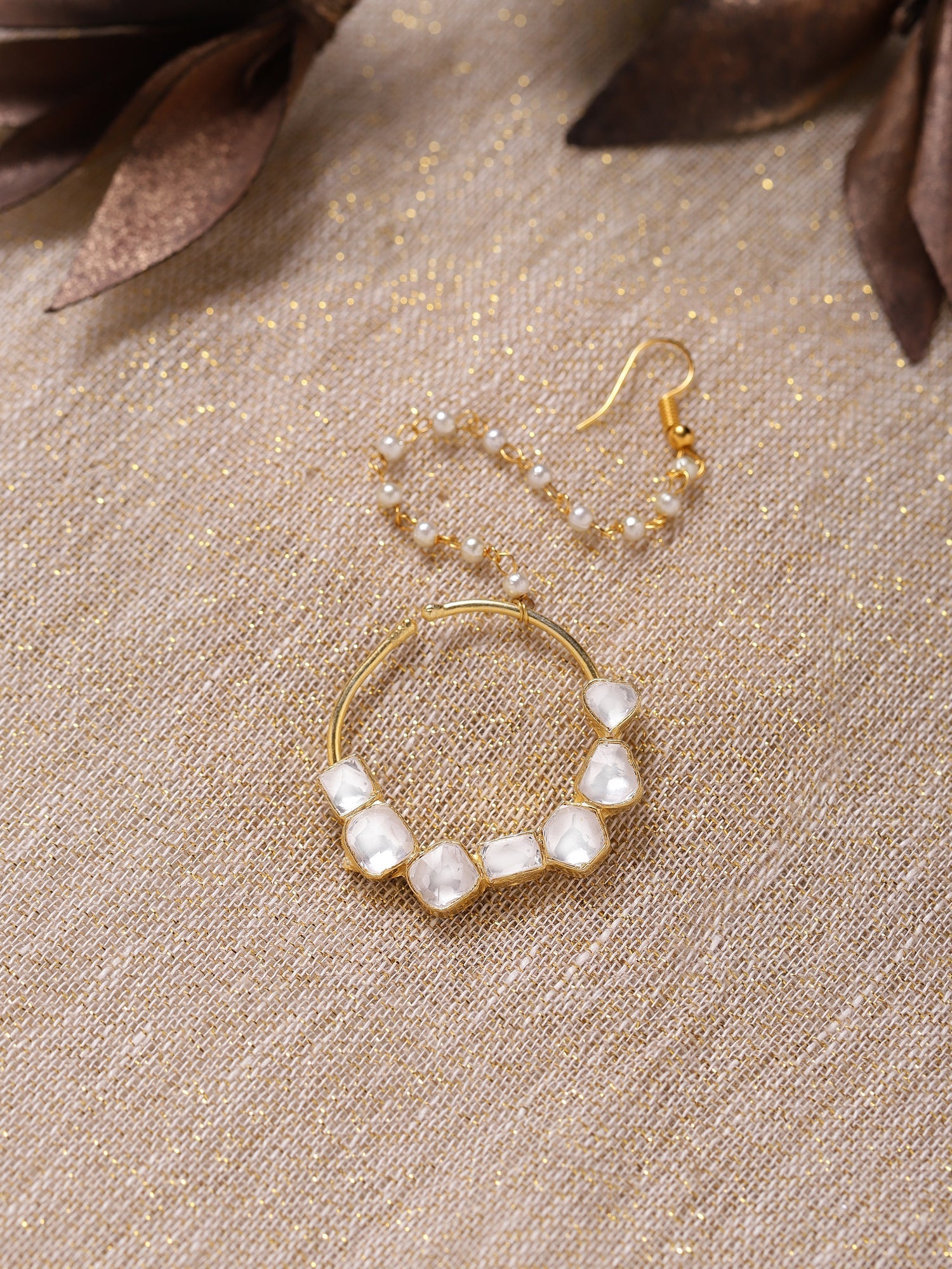 Gold-Polished White Kundan-Studded Nose Ring With Chain - Ruby Raang | Swadesiicart