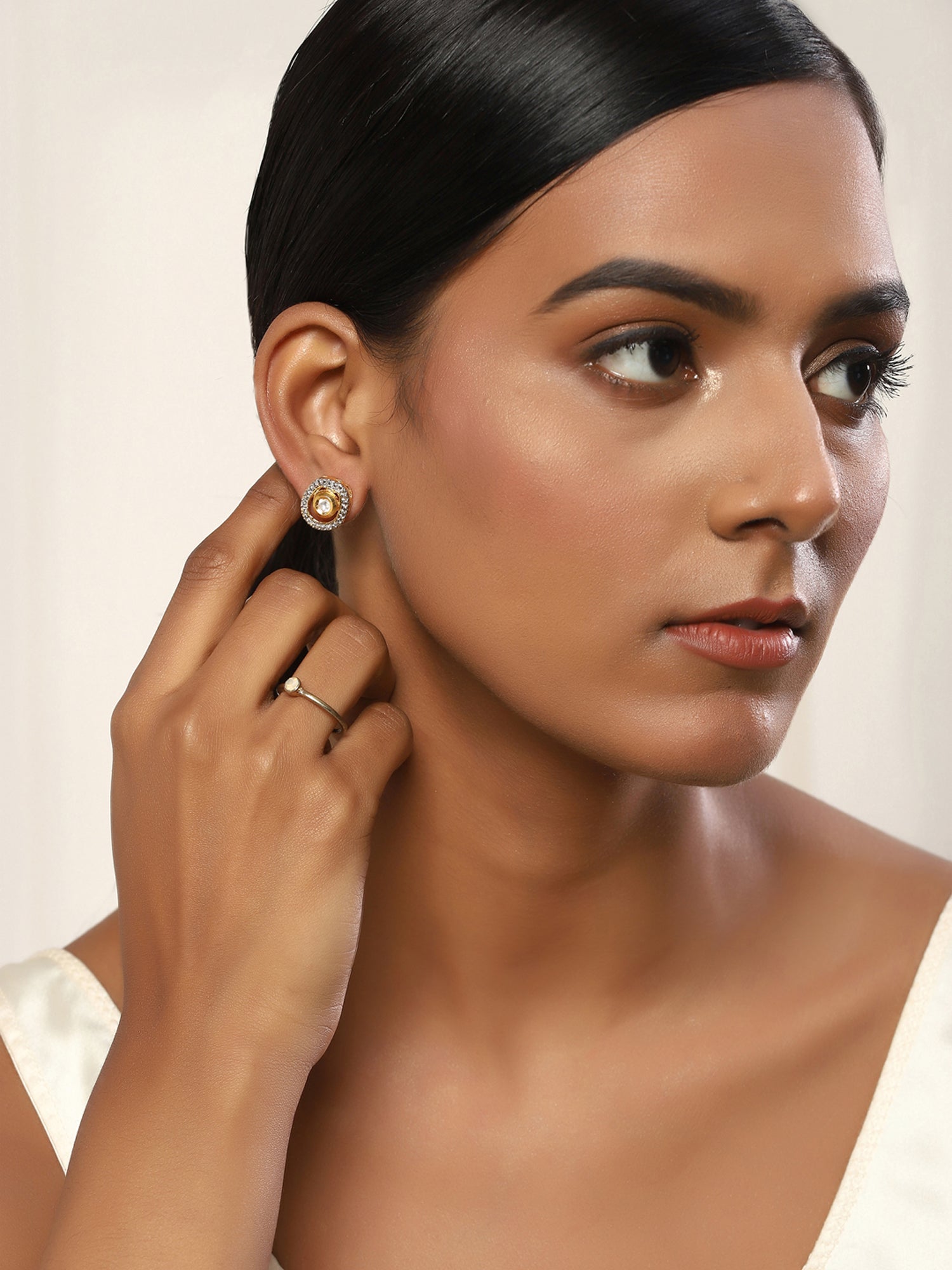 Gold-Polished White Kundan Studded Circular Studs Earrings - Ruby Raang | Swadesiicart