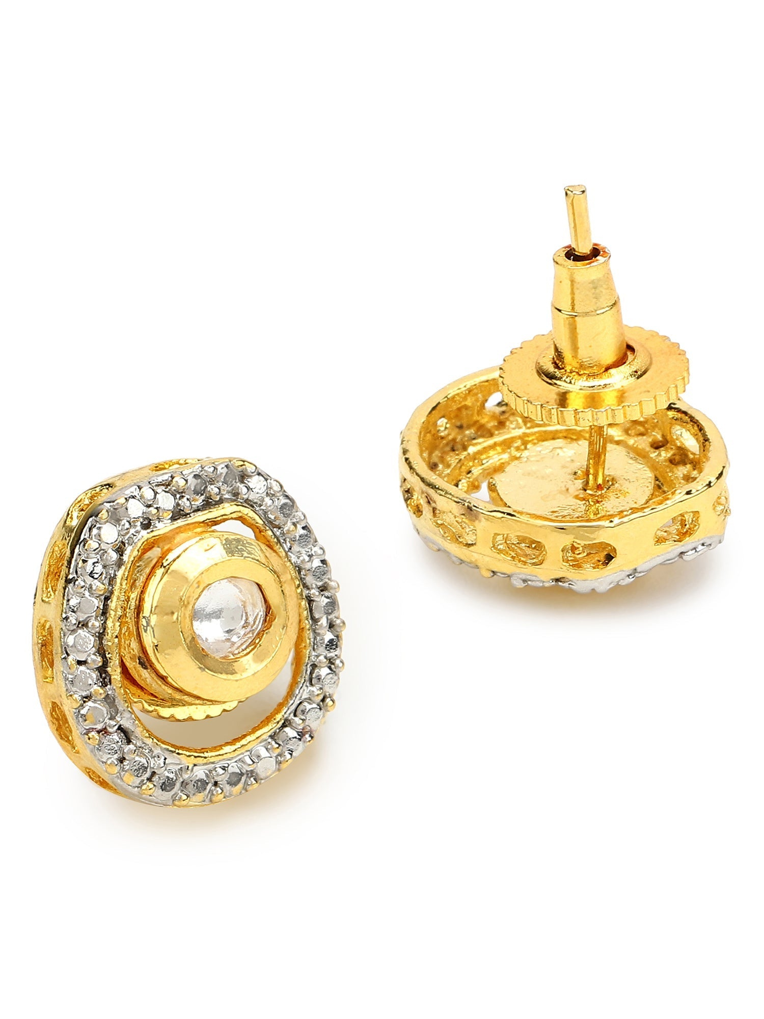 Gold-Polished White Kundan Studded Circular Studs Earrings - Ruby Raang | Swadesiicart