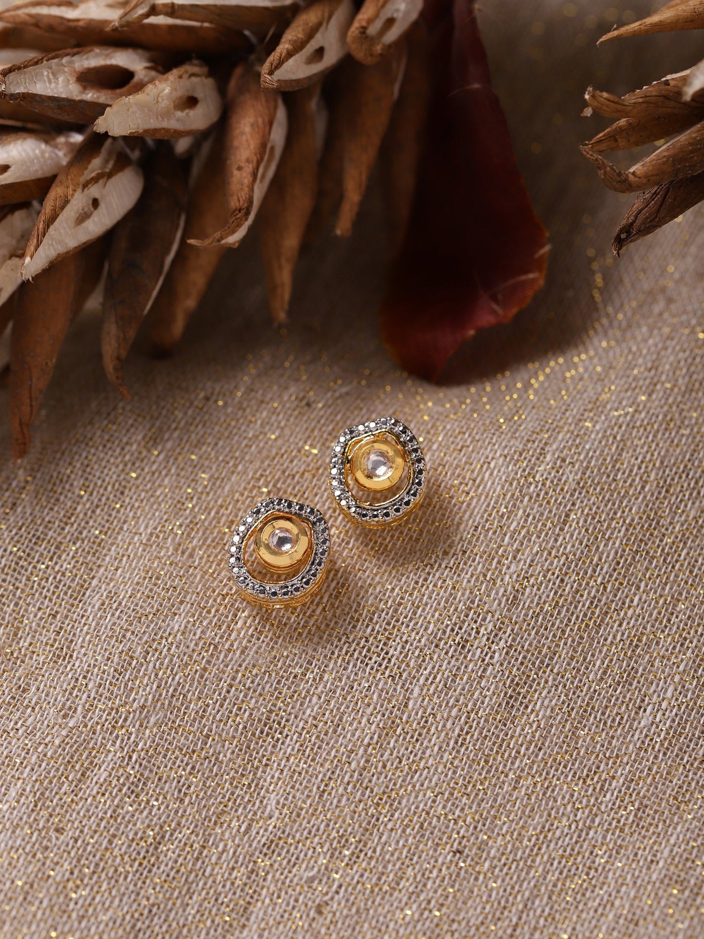 Gold-Polished White Kundan Studded Circular Studs Earrings - Ruby Raang | Swadesiicart