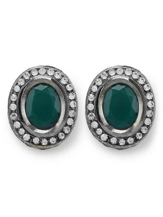 Silver-Plated Oval Kundan Studded Studs Earrings - Ruby Raang - Swadesiicart