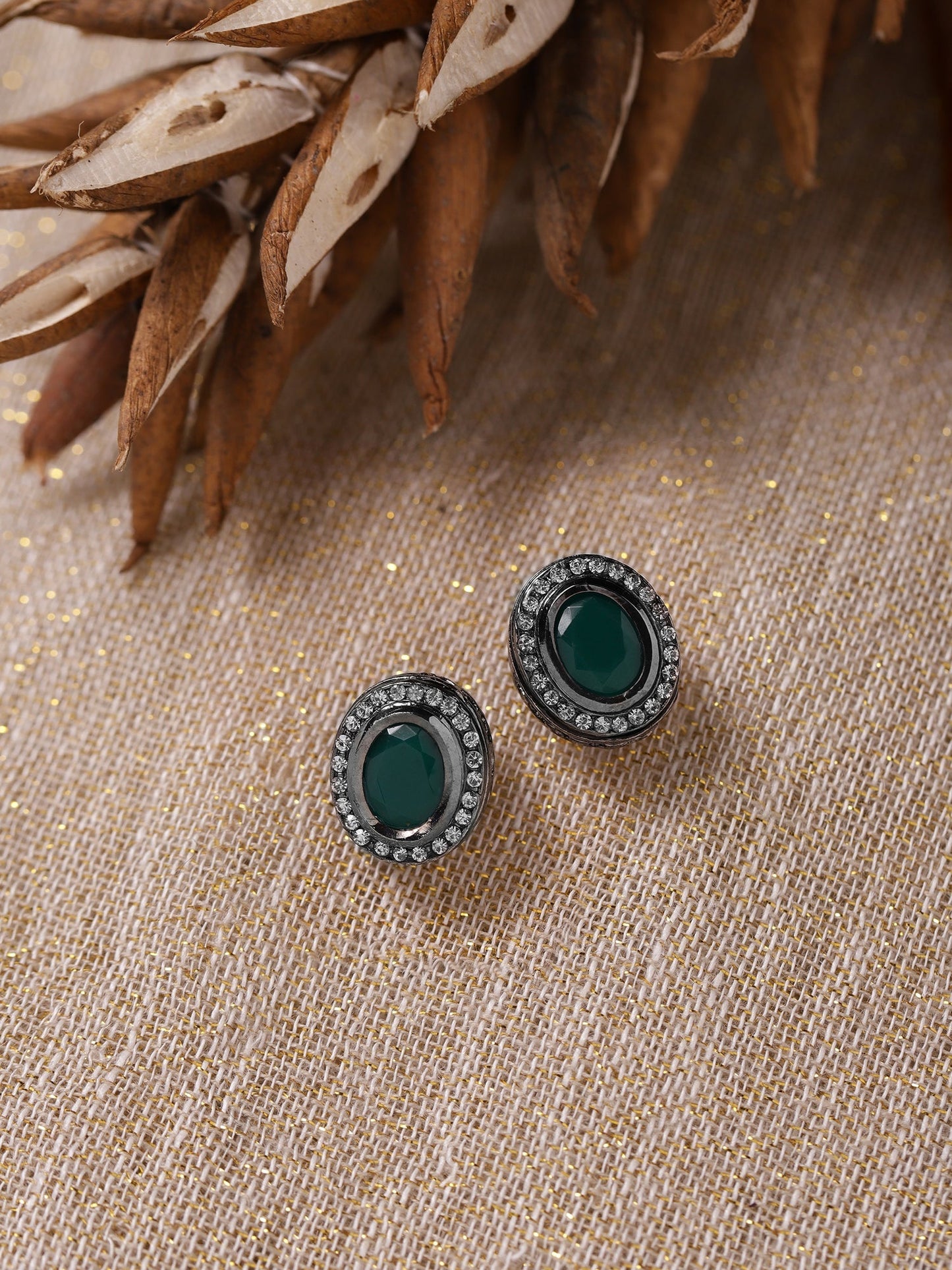 Silver-Plated Oval Kundan Studded Studs Earrings - Ruby Raang - Ruby Raang Studio