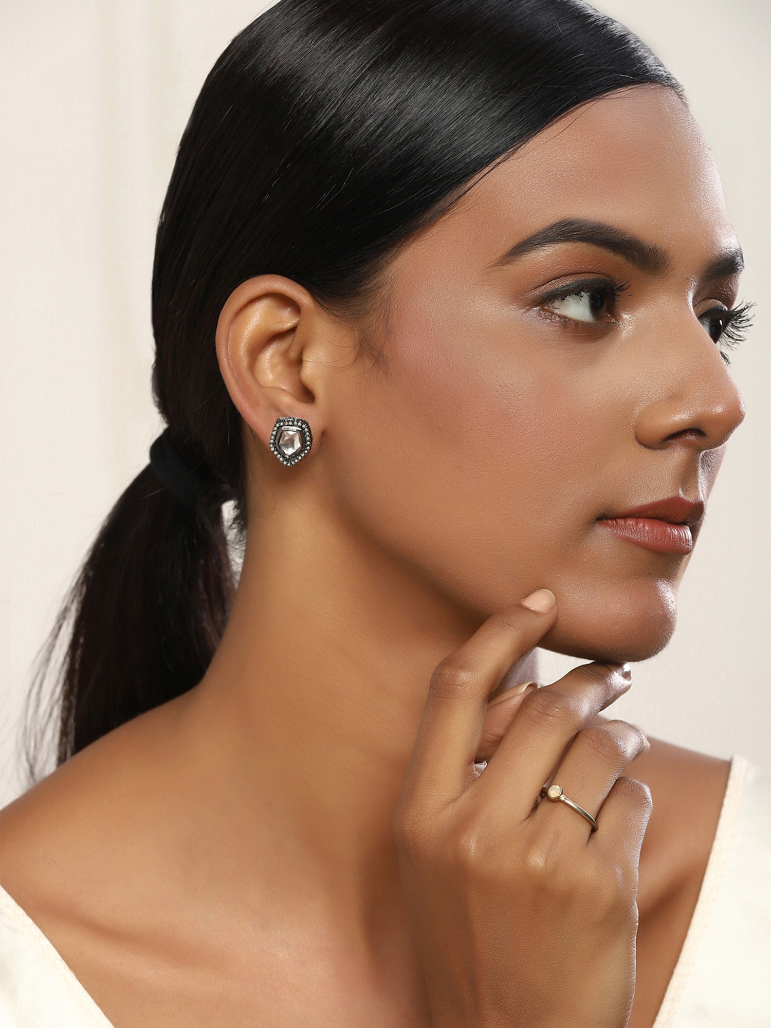 Silver-Plated Geometric Kundan Studs Earrings - Ruby Raang - Swadesiicart