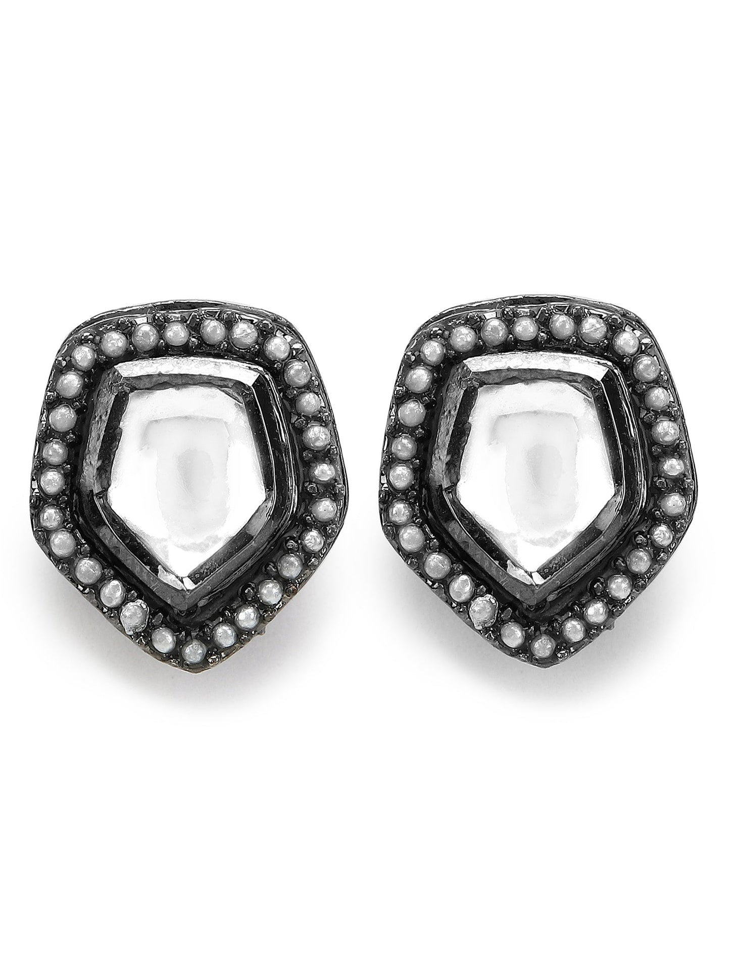 Silver-Plated Geometric Kundan Studs Earrings - Ruby Raang - Swadesiicart