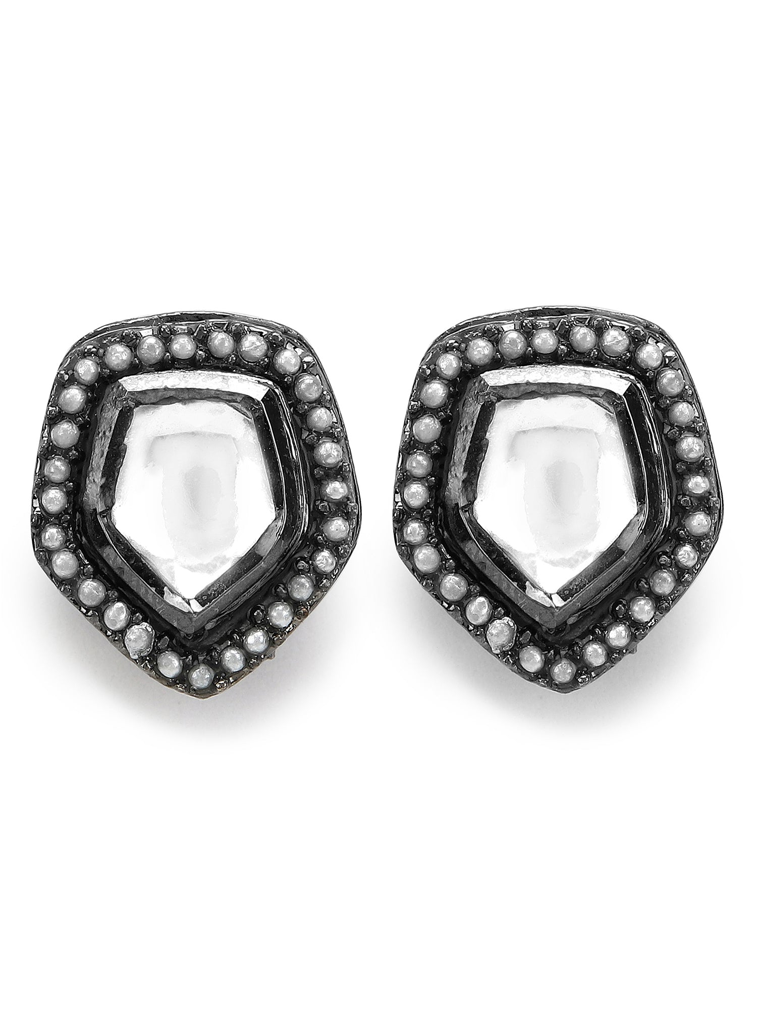 Silver-Plated Geometric Kundan Studs Earrings - Ruby Raang - Swadesiicart