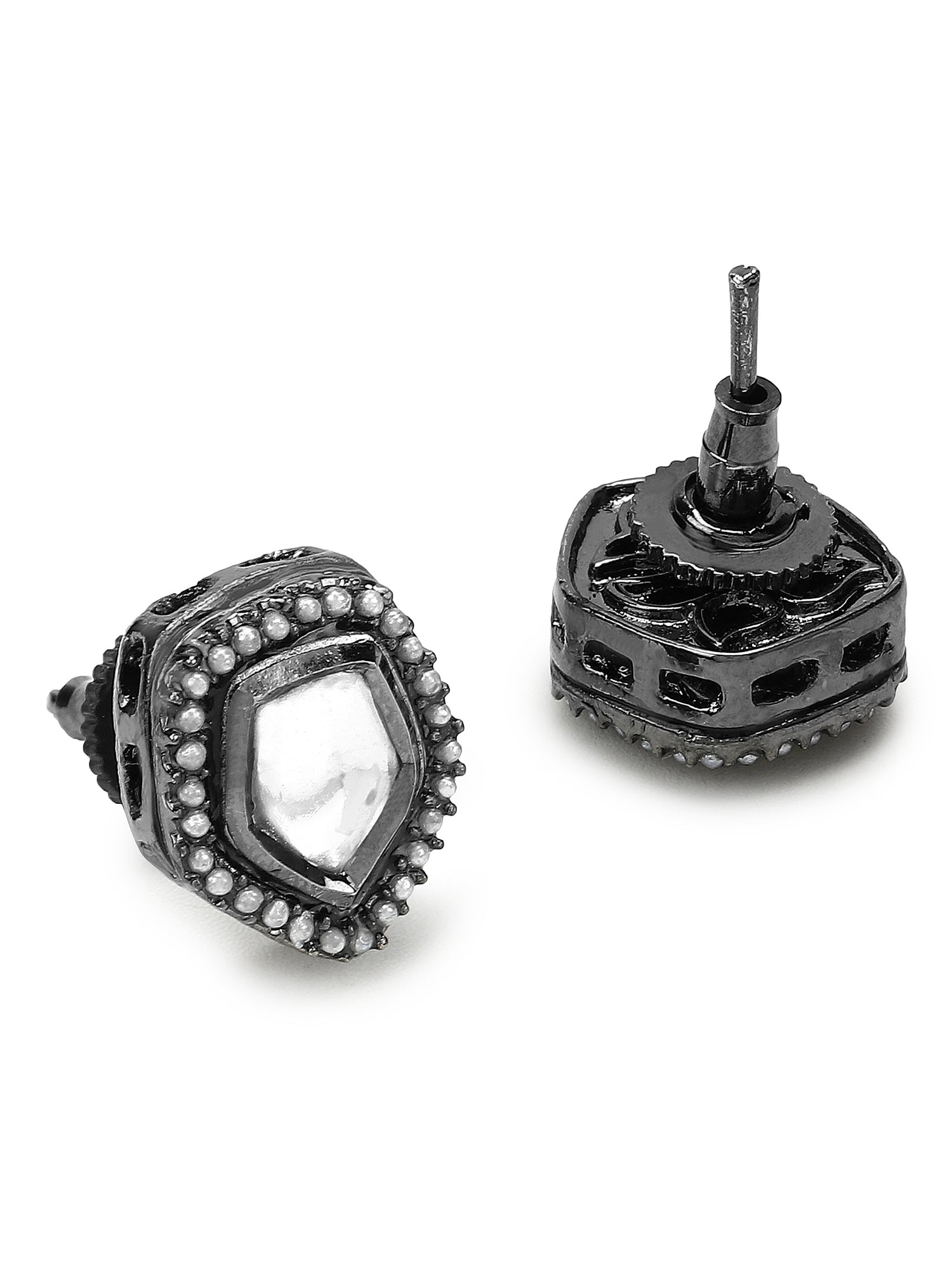 Silver-Plated Geometric Kundan Studs Earrings - Ruby Raang - Swadesiicart