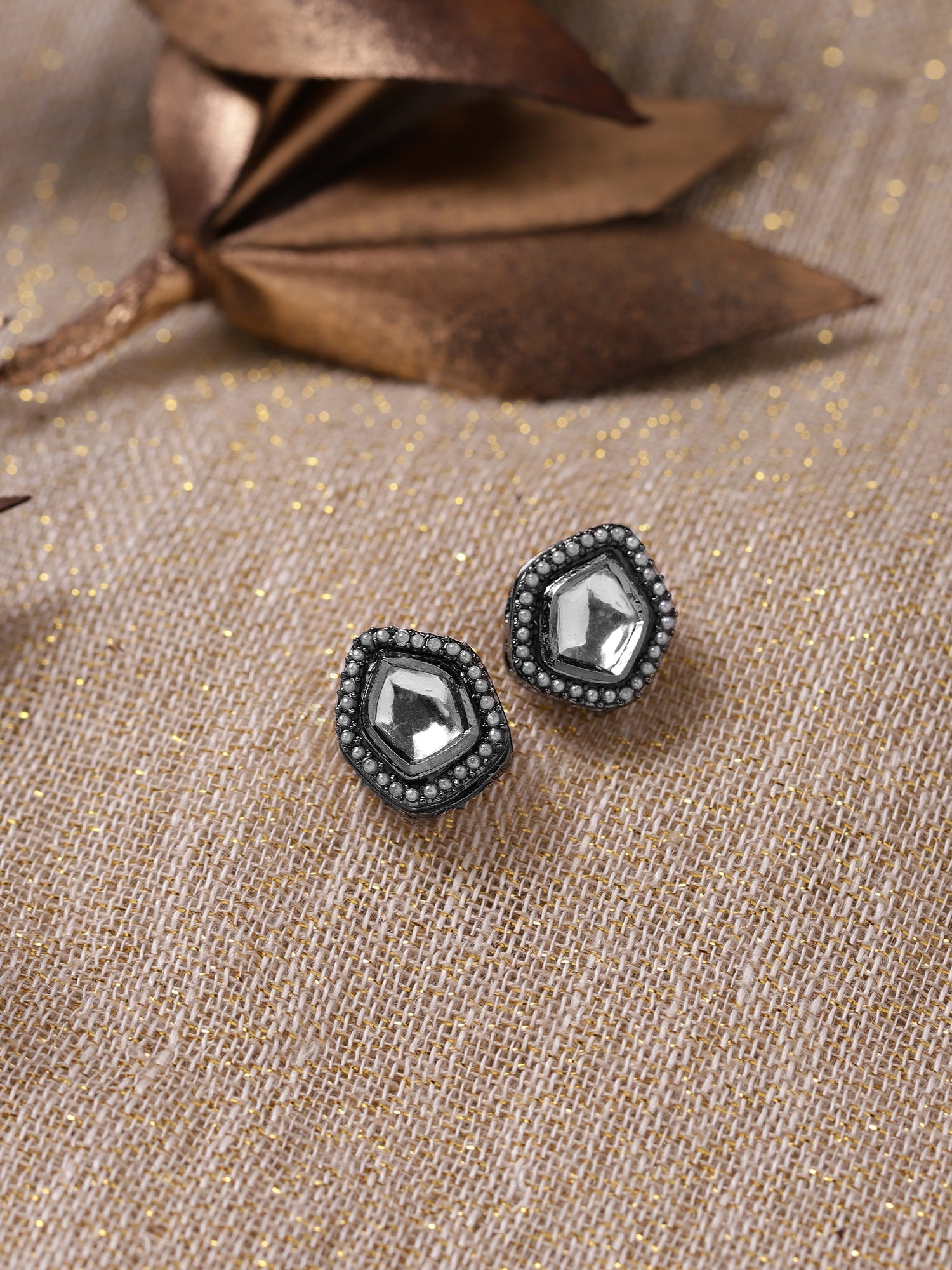 Silver-Plated Geometric Kundan Studs Earrings - Ruby Raang - Ruby Raang Studio