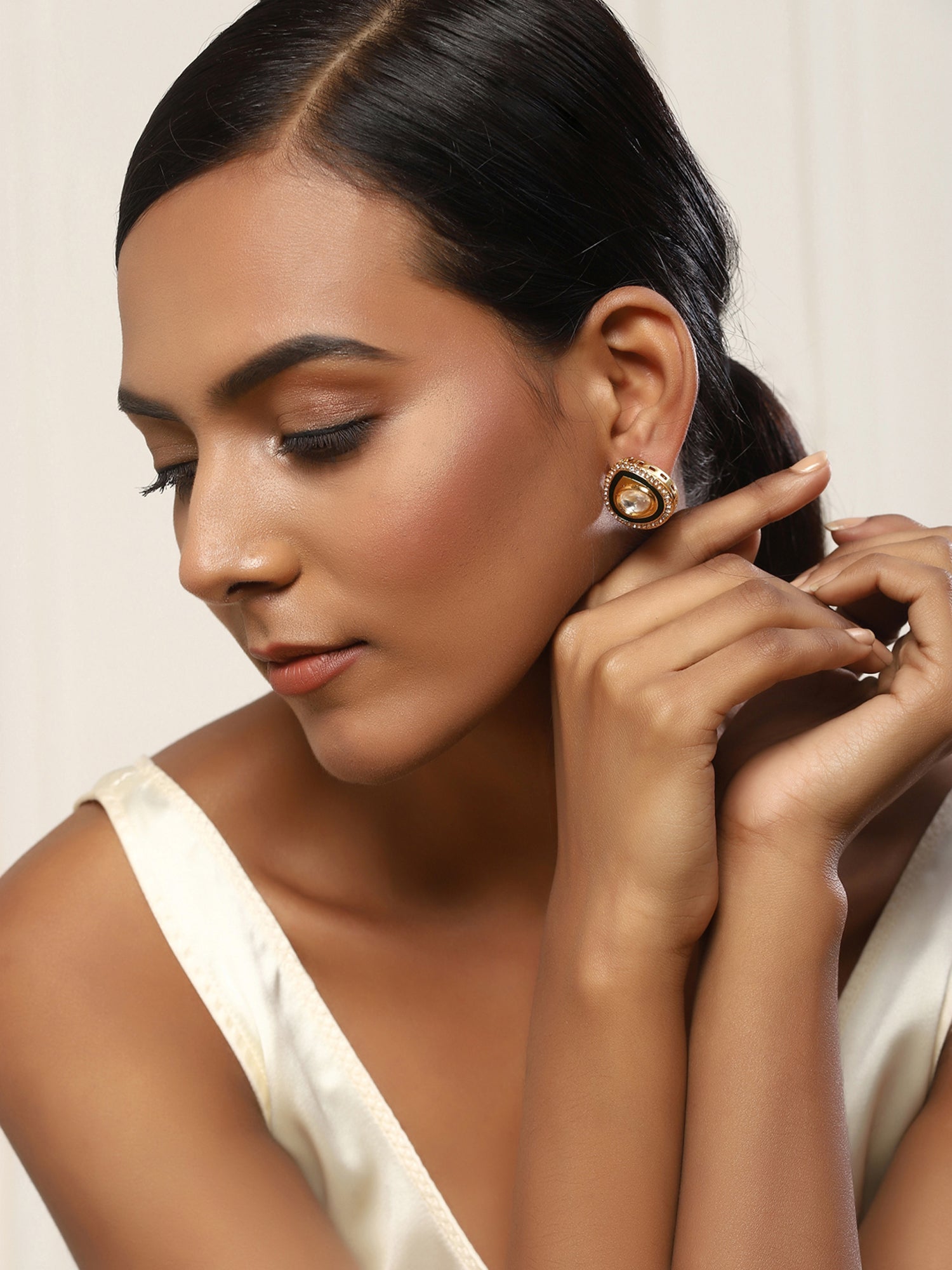 Gold-Polished Teardrop Kundan Studs Earrings - Ruby Raang - Swadesiicart