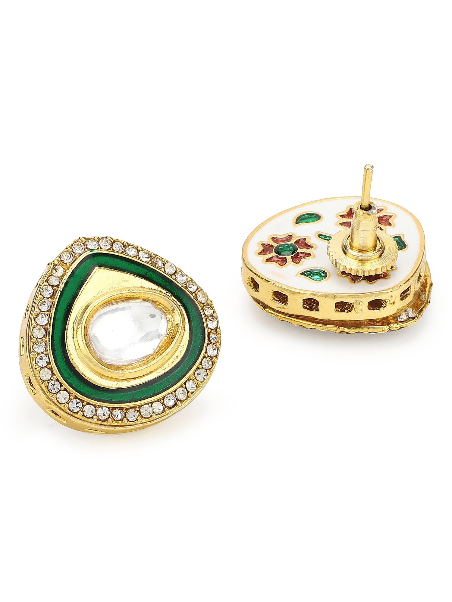 Gold-Polished Teardrop Kundan Studs Earrings - Ruby Raang - Swadesiicart