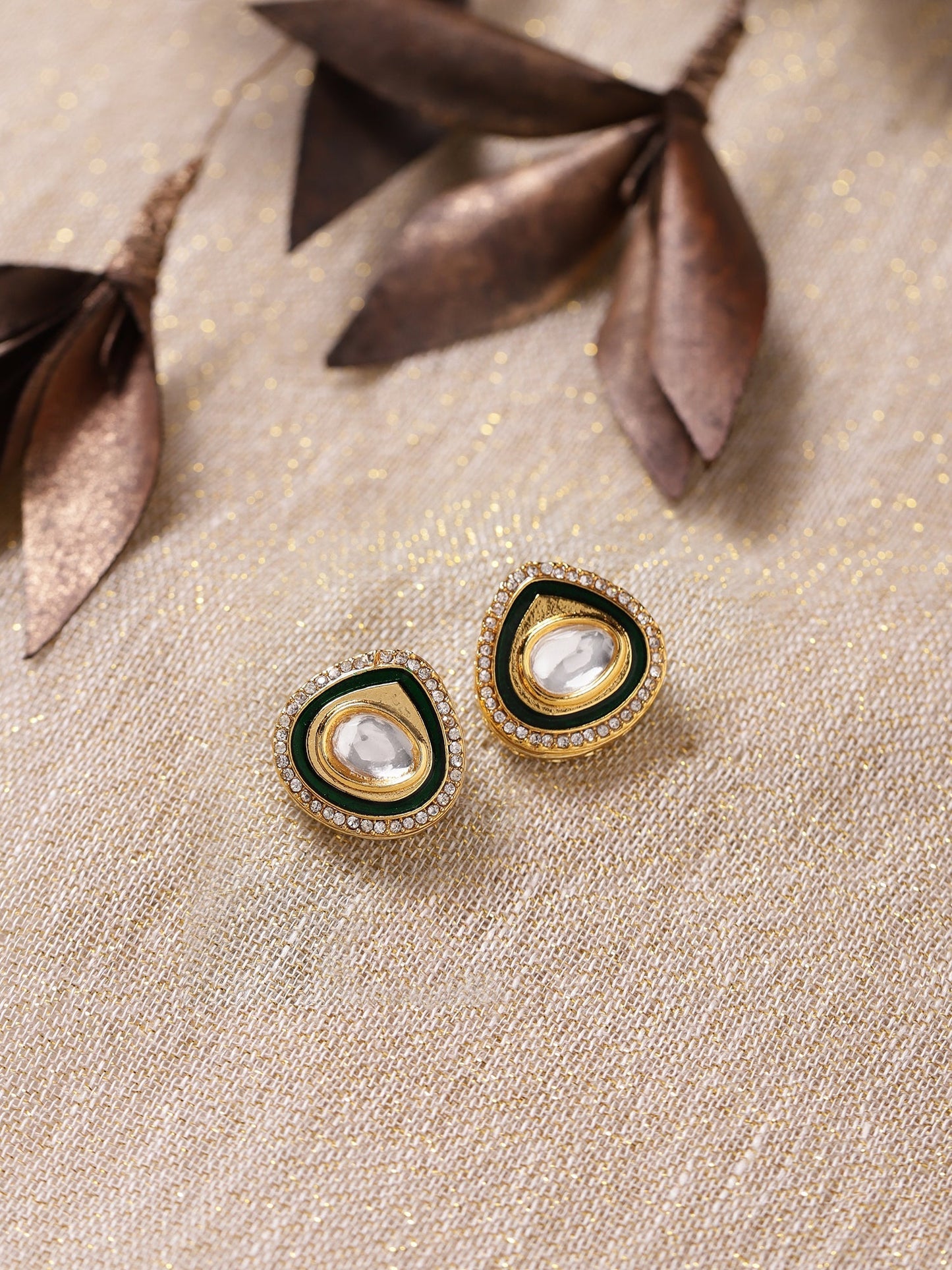 Gold-Polished Teardrop Kundan Studs Earrings - Ruby Raang - Ruby Raang Studio