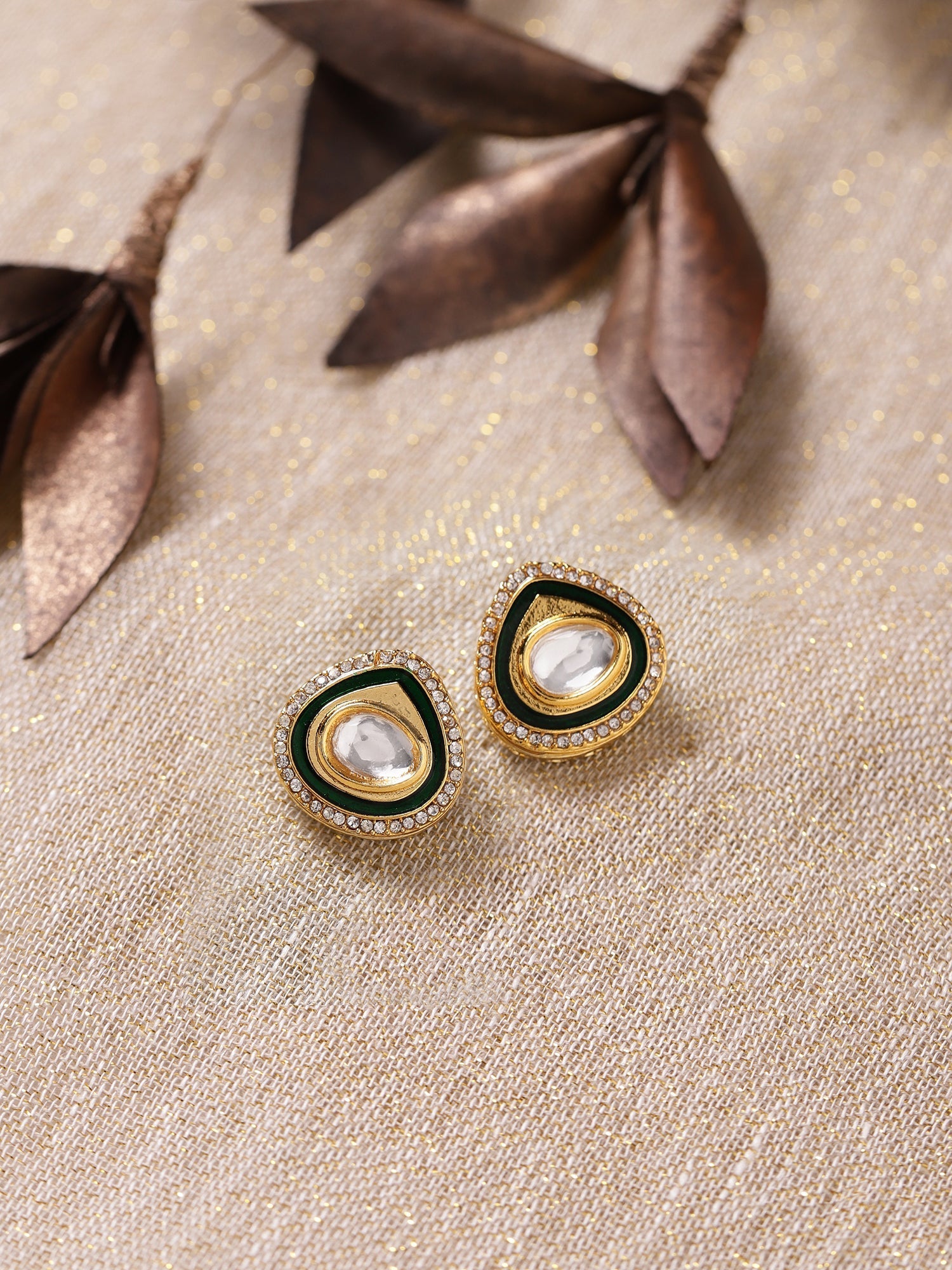 Gold-Polished Teardrop Kundan Studs Earrings - Ruby Raang - Ruby Raang Studio