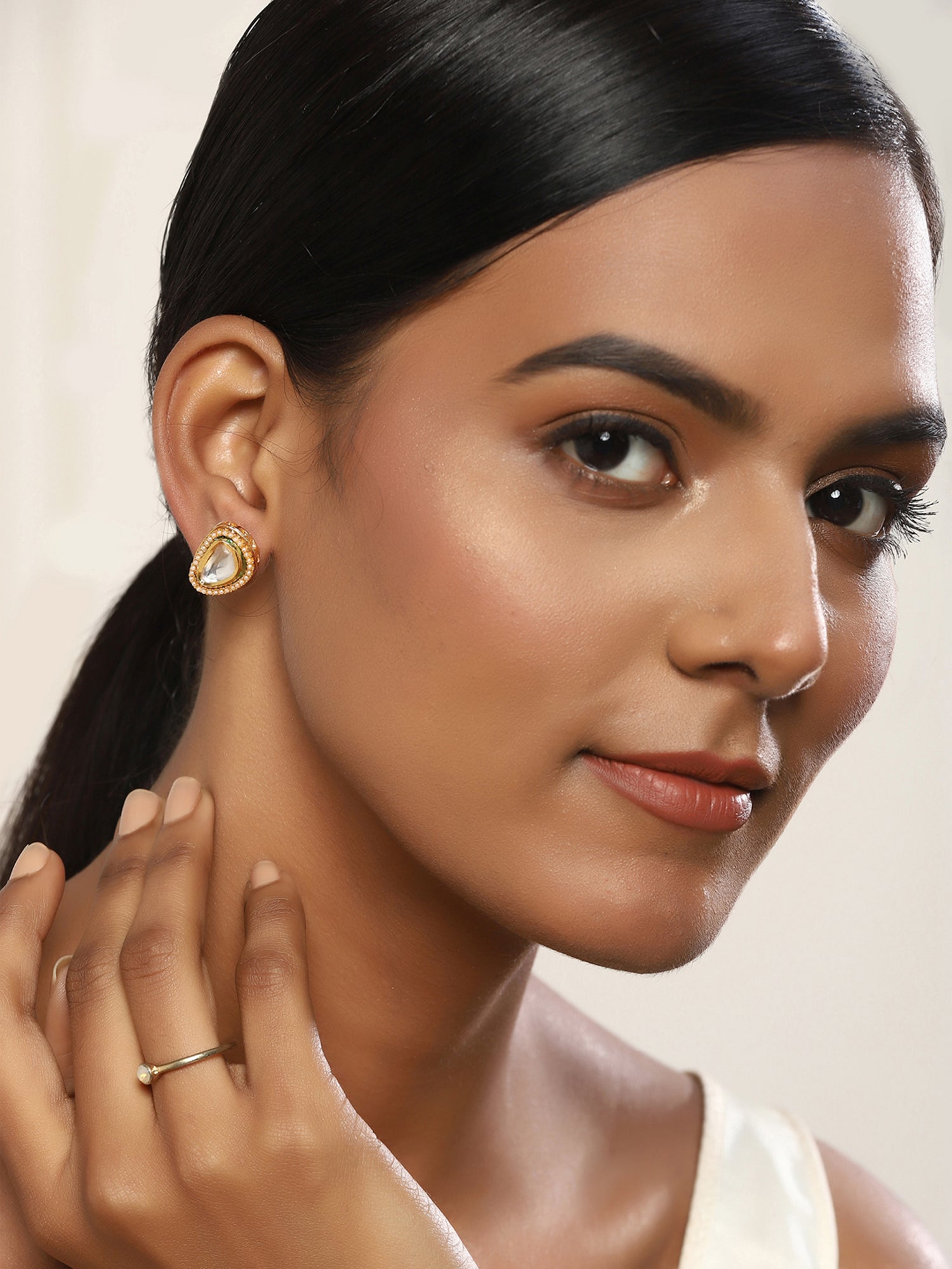 Gold-Polished Triangular Studs Earrings - Ruby Raang - Swadesiicart