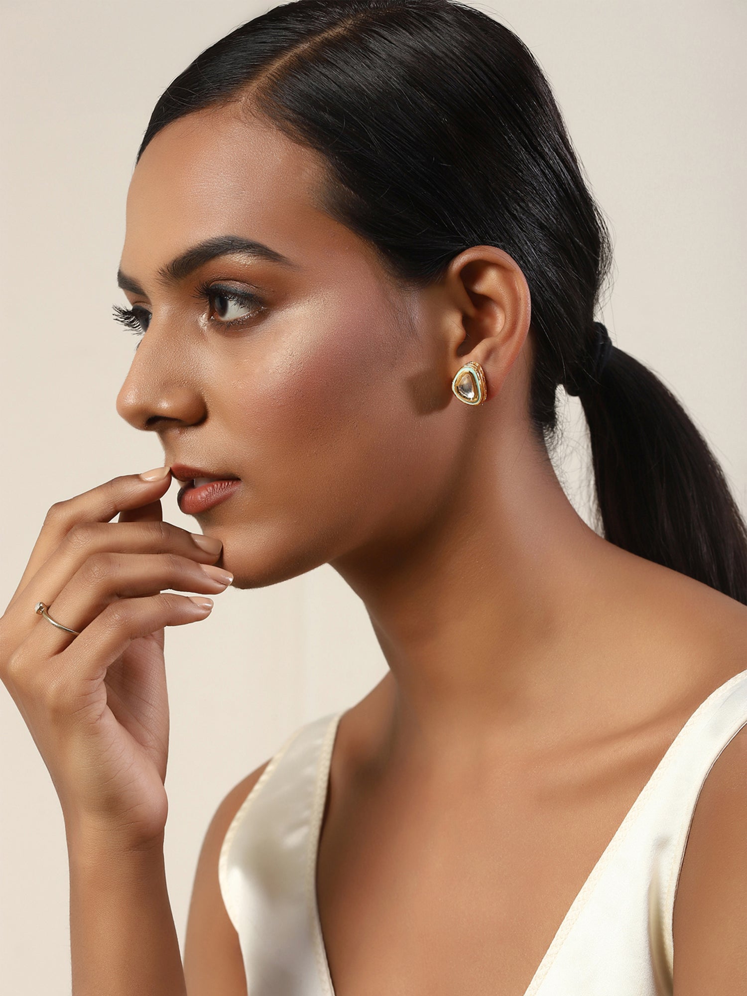 Gold-Polished Triangular Kundan Studded Studs Earrings - Ruby Raang - Swadesiicart