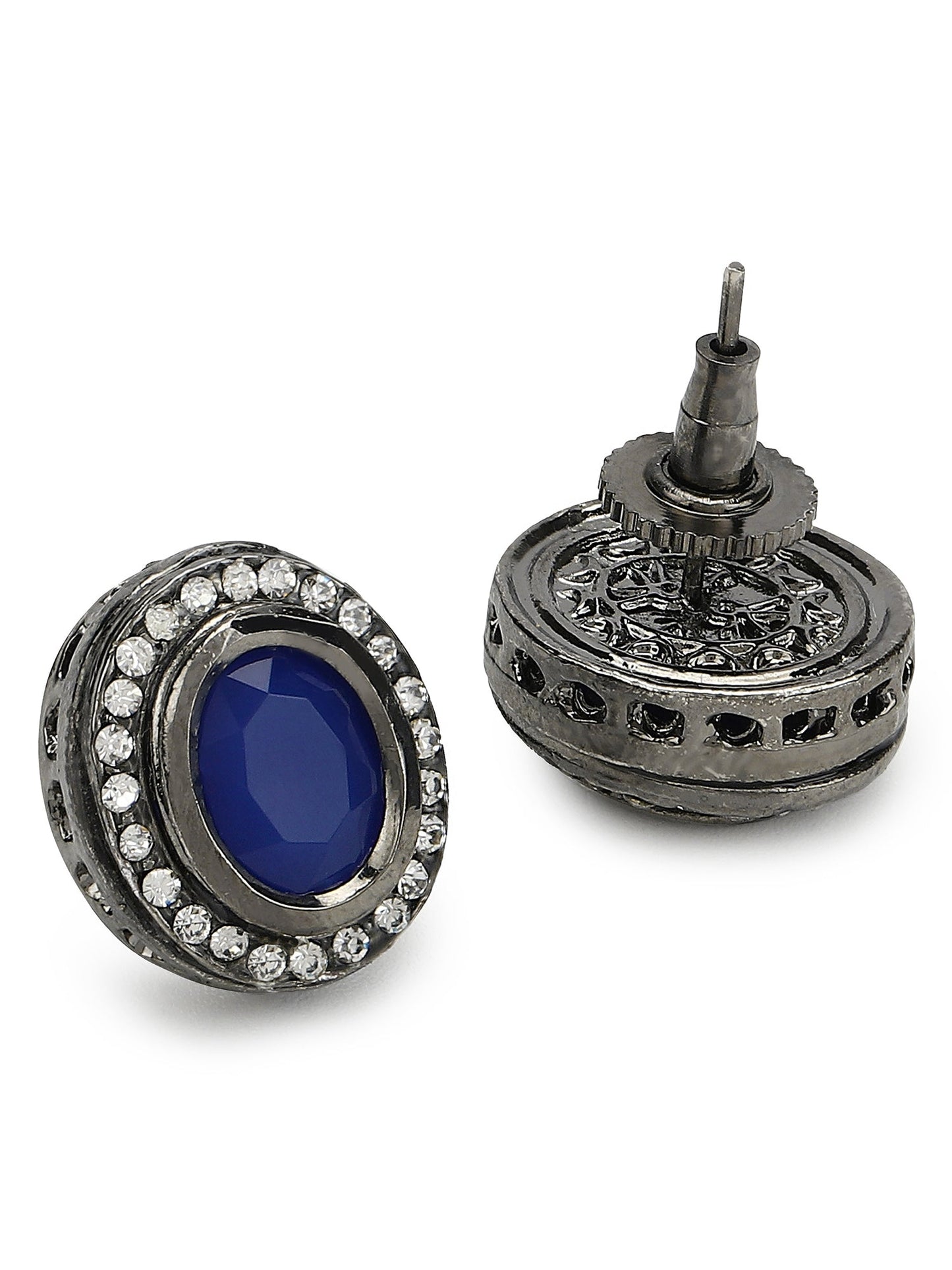 Silver-Plated Oval Kundan Studs Earrings - Ruby Raang - Swadesiicart