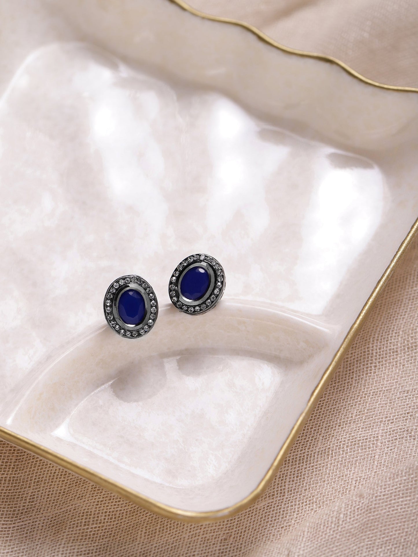 Silver-Plated Oval Kundan Studs Earrings - Ruby Raang - Ruby Raang Studio