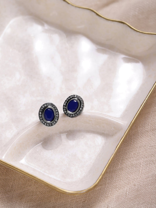 Silver-Plated Oval Kundan Studs Earrings - Ruby Raang - Ruby Raang Studio