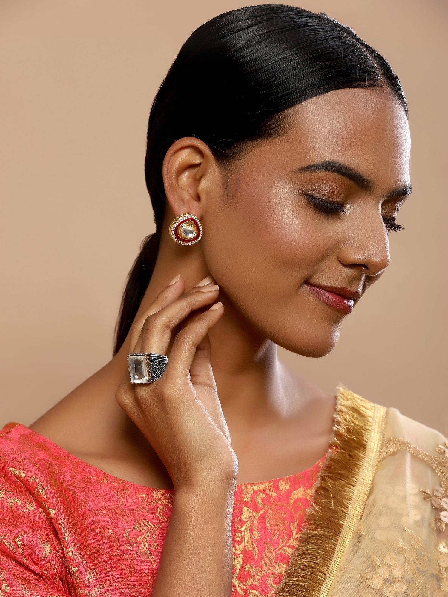 Red Circular Hoop Earrings - Ruby Raang - Swadesiicart