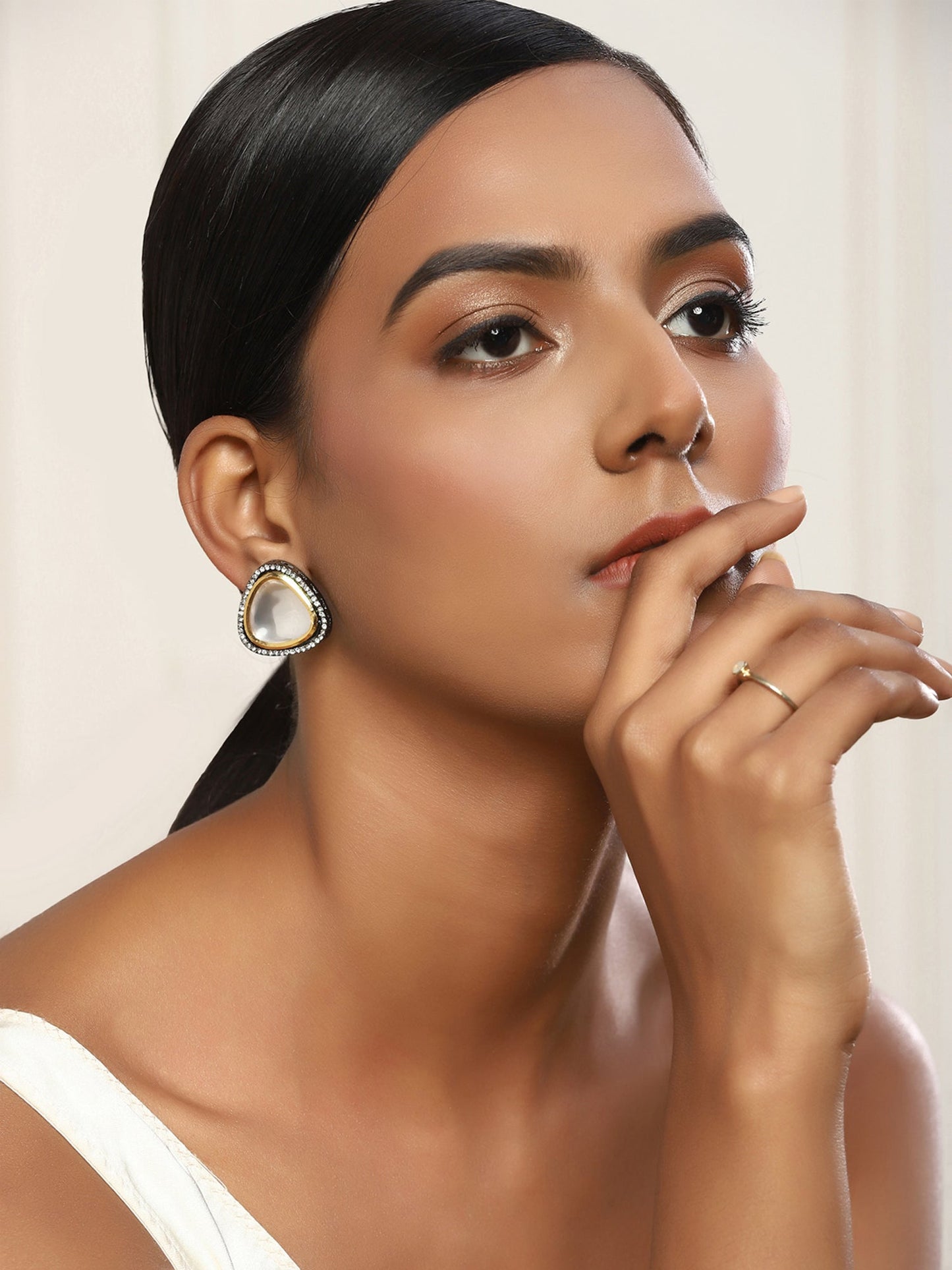 Silver-Plated Triangular Kundan Studded Studs Earrings - Ruby Raang - Swadesiicart