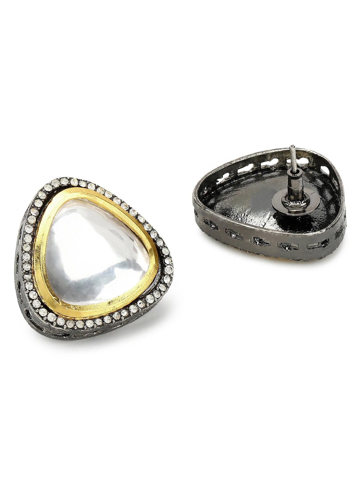 Silver-Plated Triangular Kundan Studded Studs Earrings - Ruby Raang - Swadesiicart