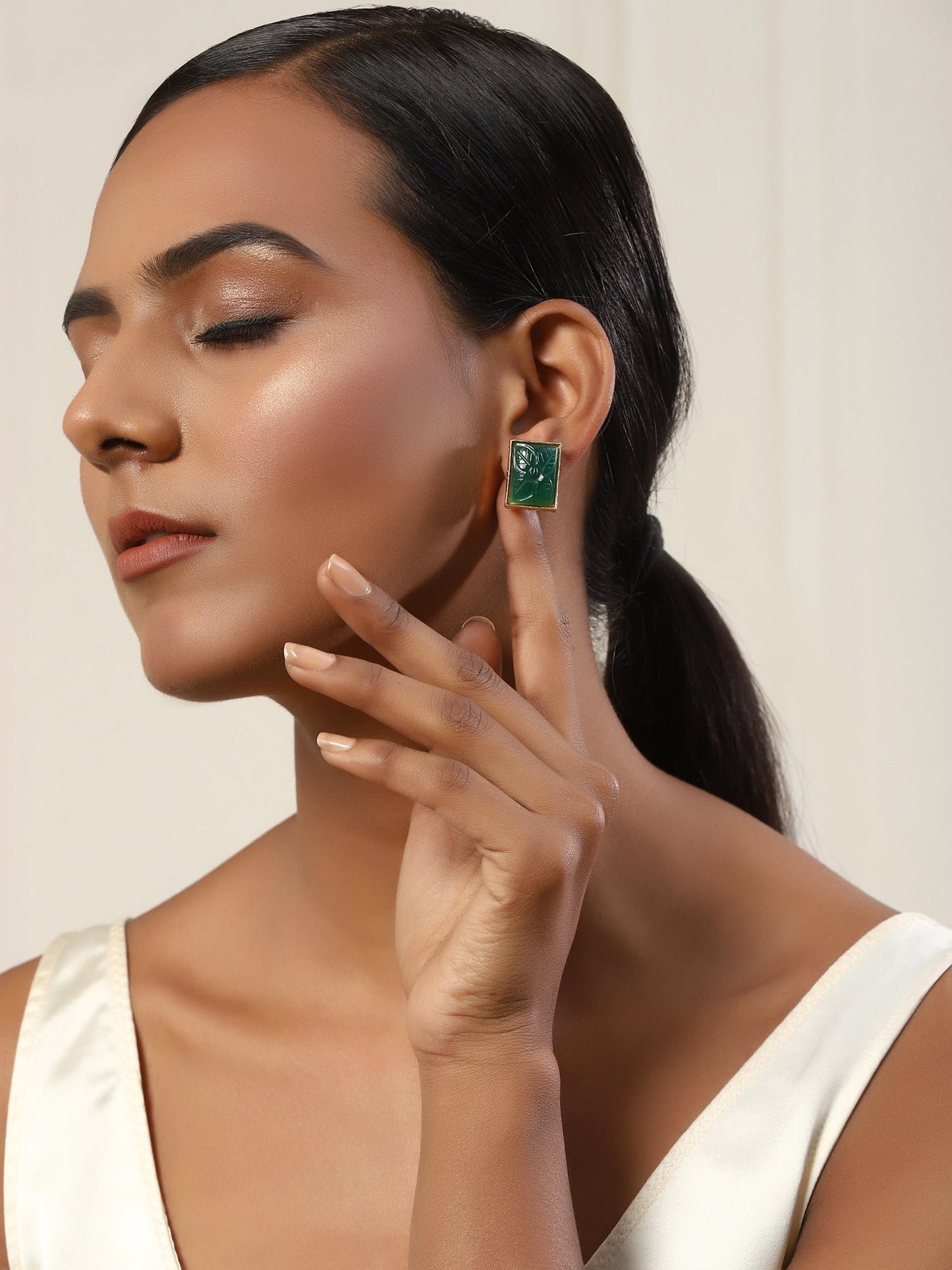 Green Square Studs Earrings - Ruby Raang - Swadesiicart