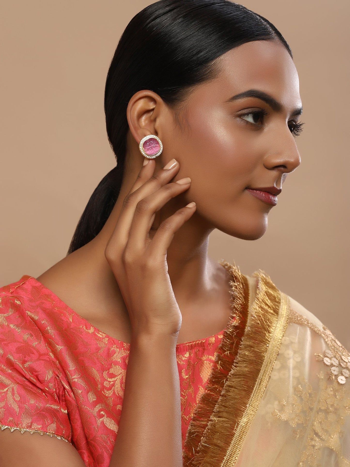 Women's Pink Circular Studs Earrings - Ruby Raang | Swadesiicart