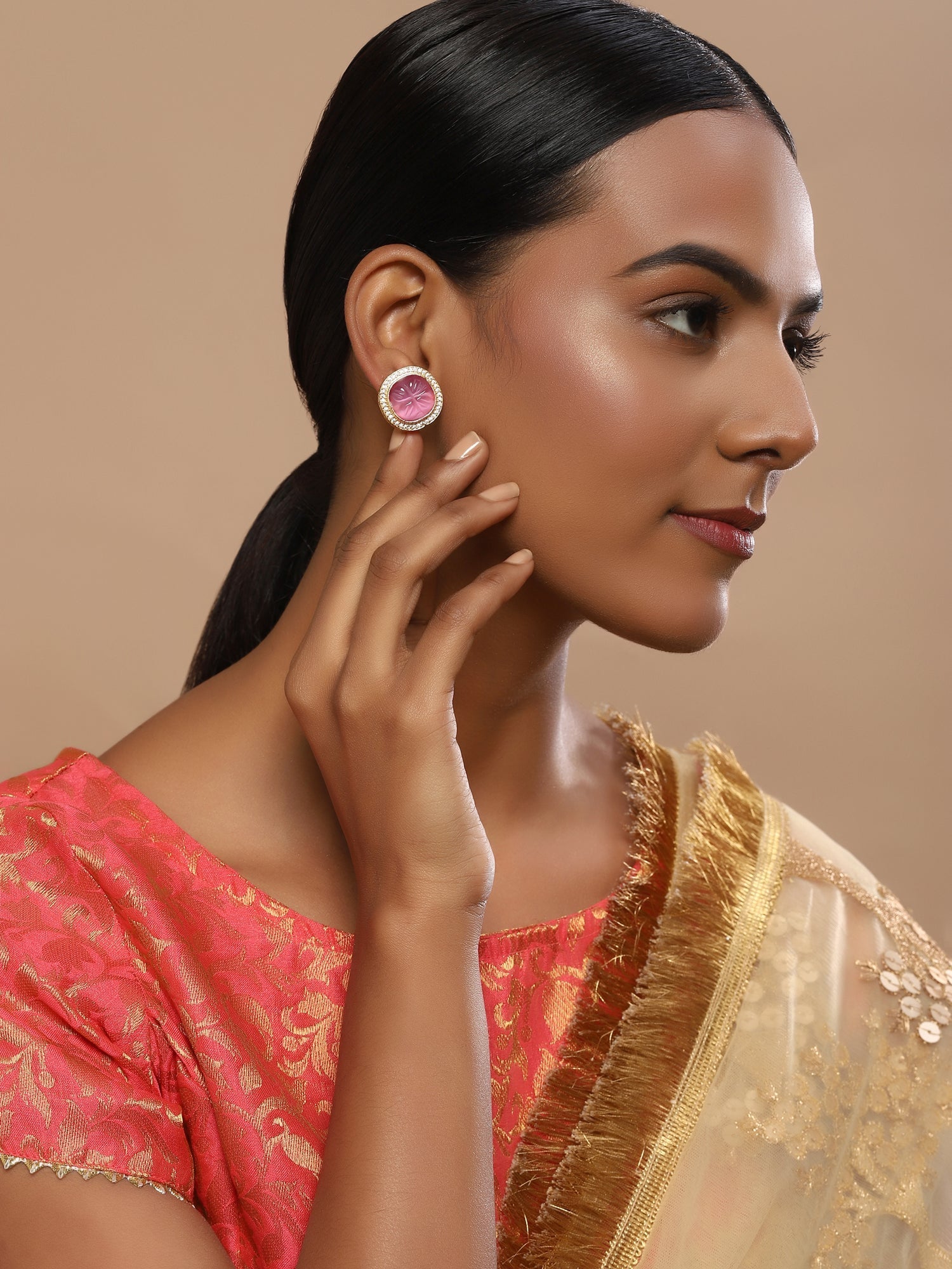 Women's Pink Circular Studs Earrings - Ruby Raang | Swadesiicart