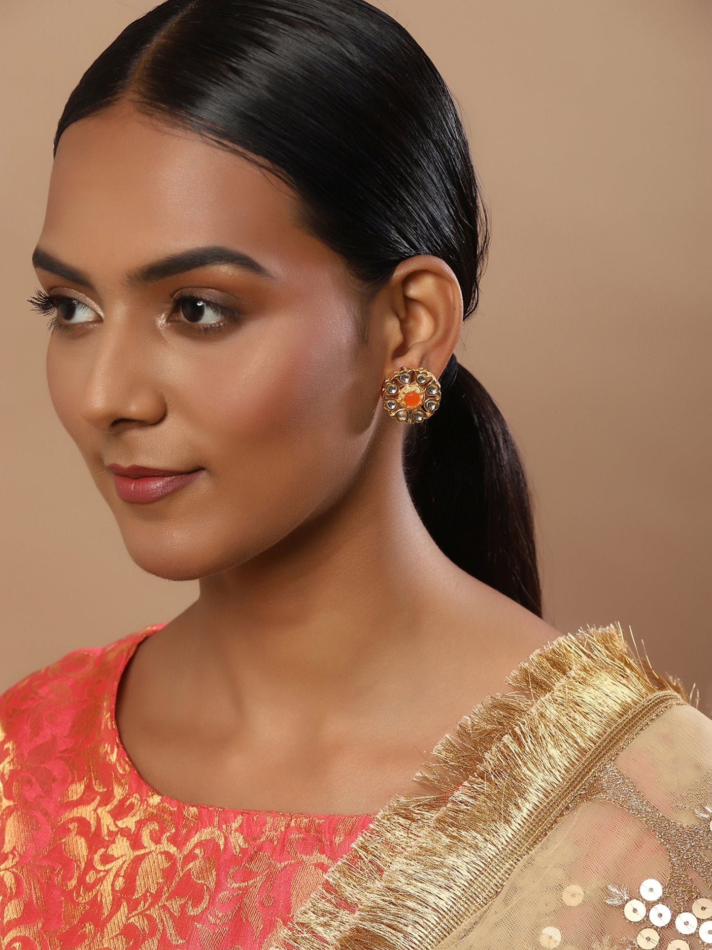 Gold-Polished Floral Shaped Kundan Studded Studs Earrings - Ruby Raang - Swadesiicart
