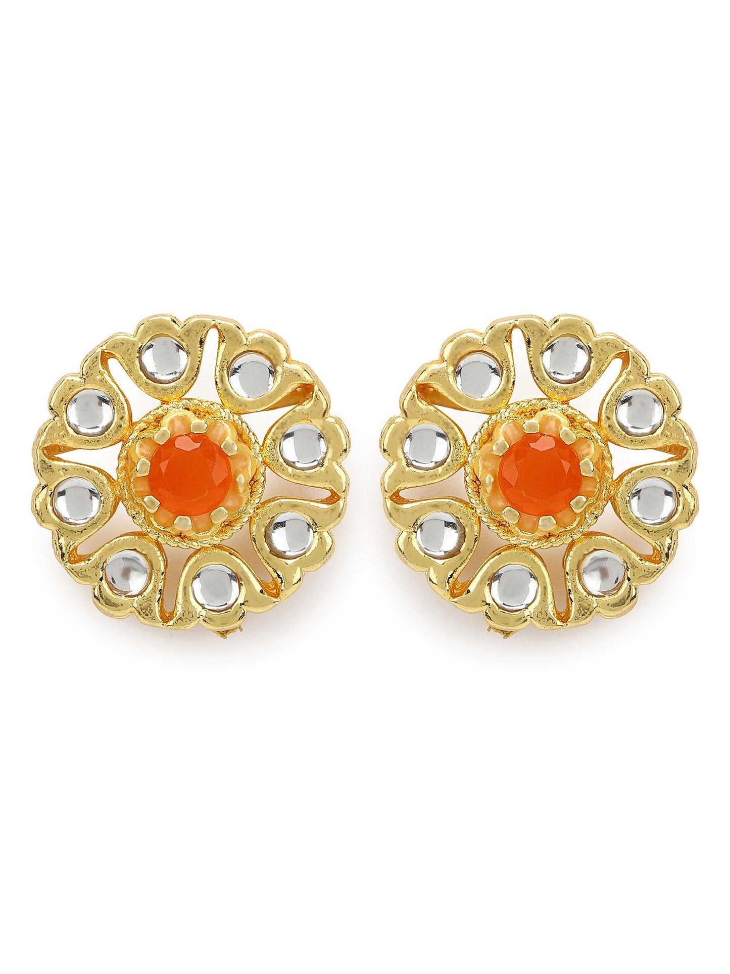 Gold-Polished Floral Shaped Kundan Studded Studs Earrings - Ruby Raang - Swadesiicart