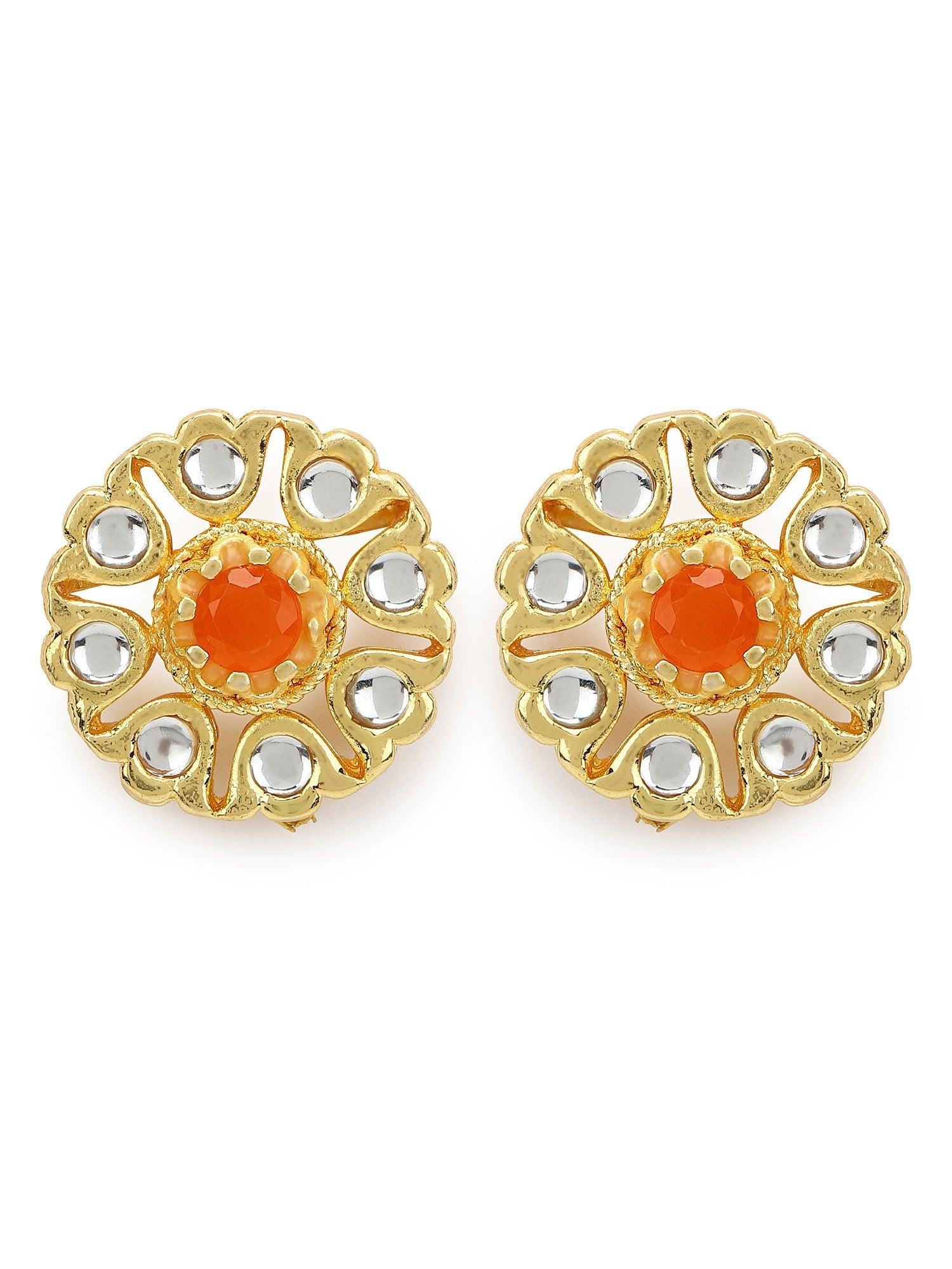 Gold-Polished Floral Shaped Kundan Studded Studs Earrings - Ruby Raang - Swadesiicart