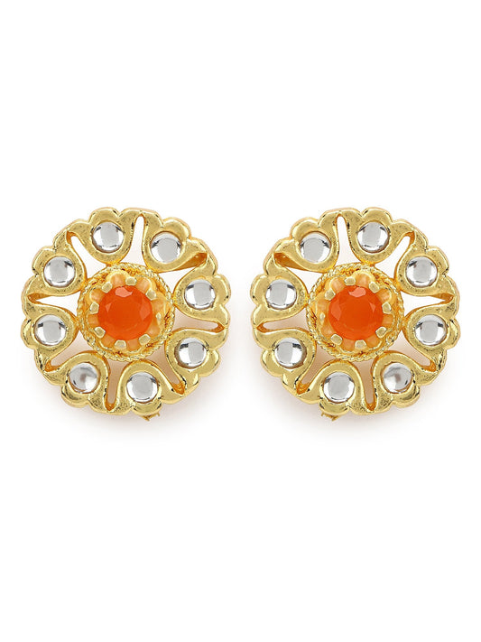 Gold-Polished Floral Shaped Kundan Studded Studs Earrings - Ruby Raang - Swadesiicart