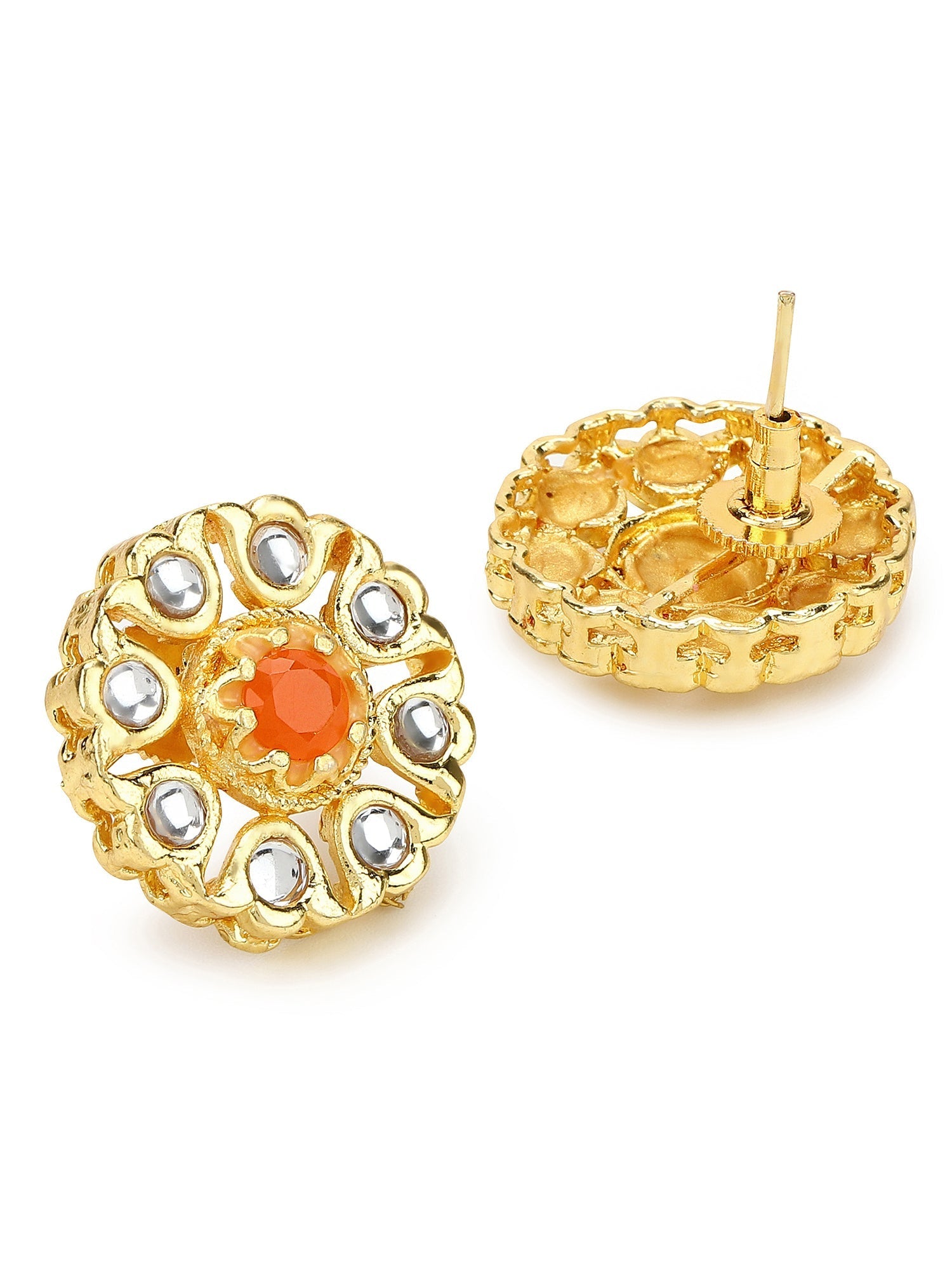 Gold-Polished Floral Shaped Kundan Studded Studs Earrings - Ruby Raang - Swadesiicart