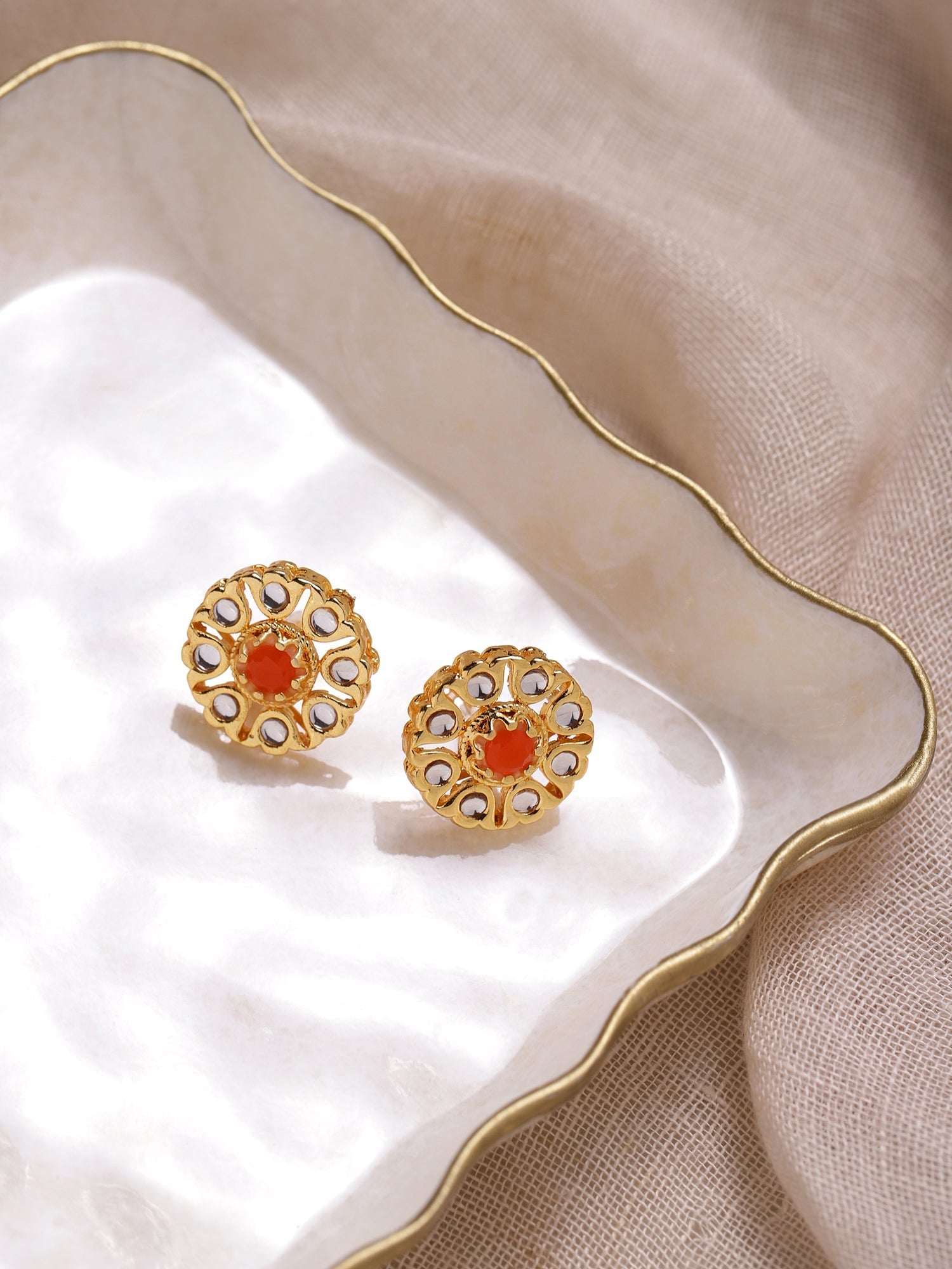Gold-Polished Floral Shaped Kundan Studded Studs Earrings - Ruby Raang - Ruby Raang Studio