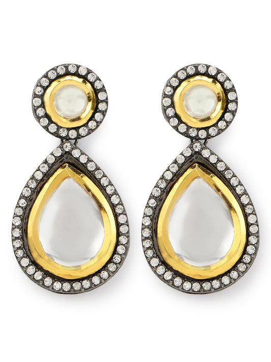 Silver-Plated Teardrop Shape Kundan Studded Drop Earrings - Ruby Raang - Swadesiicart