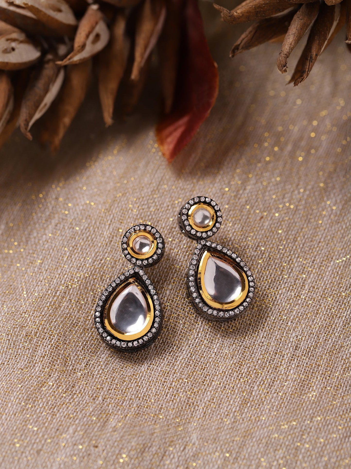 Silver-Plated Teardrop Shape Kundan Studded Drop Earrings - Ruby Raang - Ruby Raang Studio