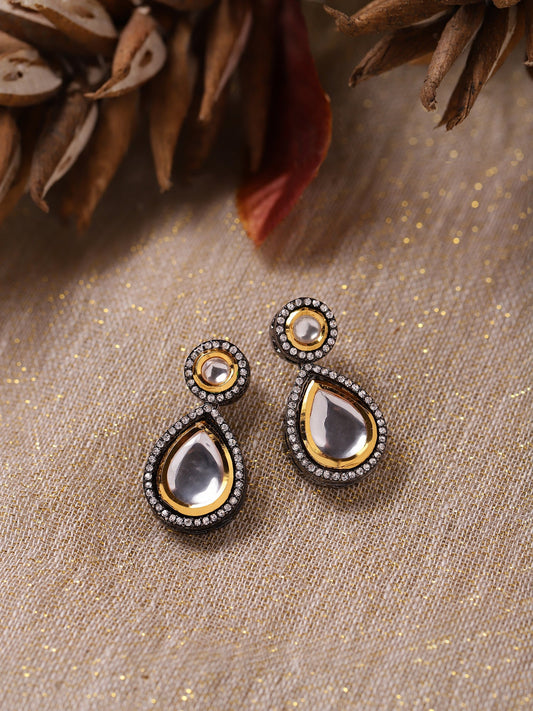 Silver-Plated Teardrop Shape Kundan Studded Drop Earrings - Ruby Raang - Ruby Raang Studio